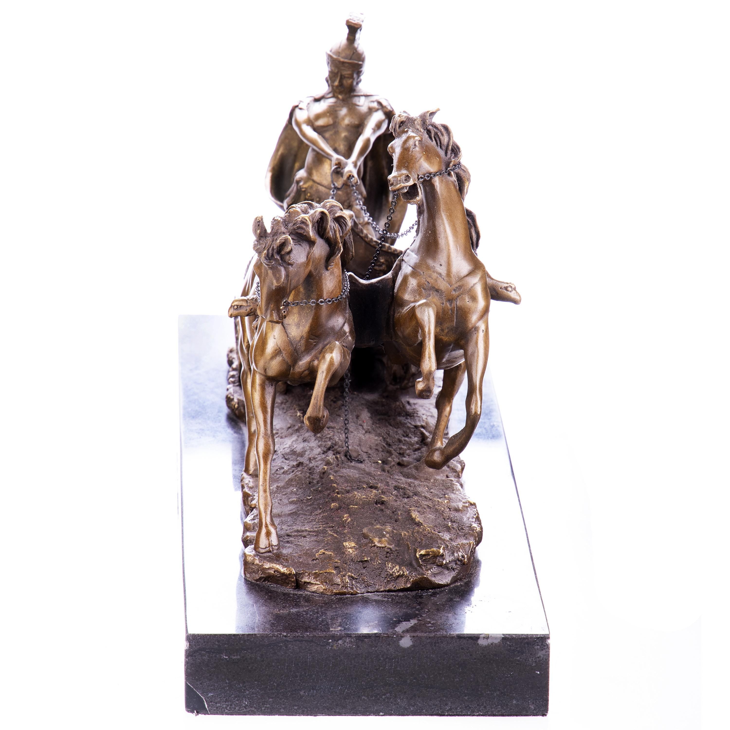 Ancient Warrior Bronze Chariot Sculpture – Marble Base – Classical Decor Statue. Office Sculptures