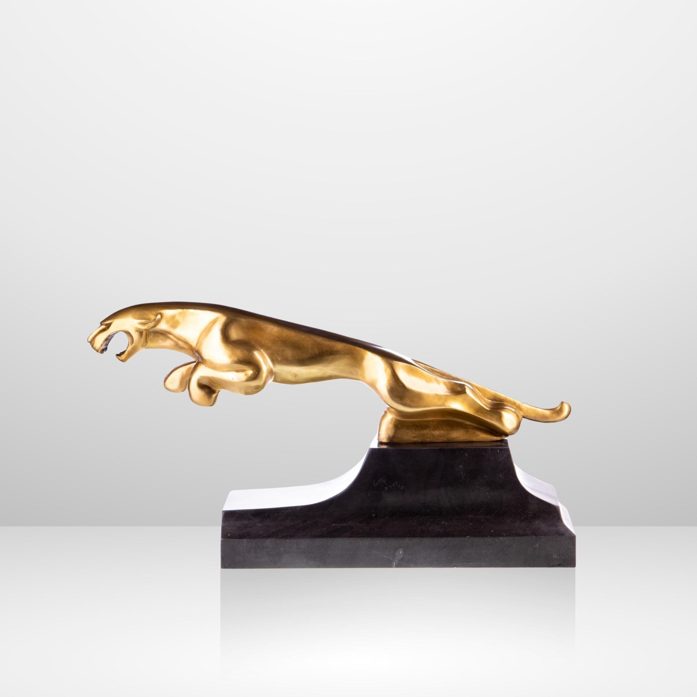 Large Art Deco Bronze Golden Panther Sculpture on Marble Base