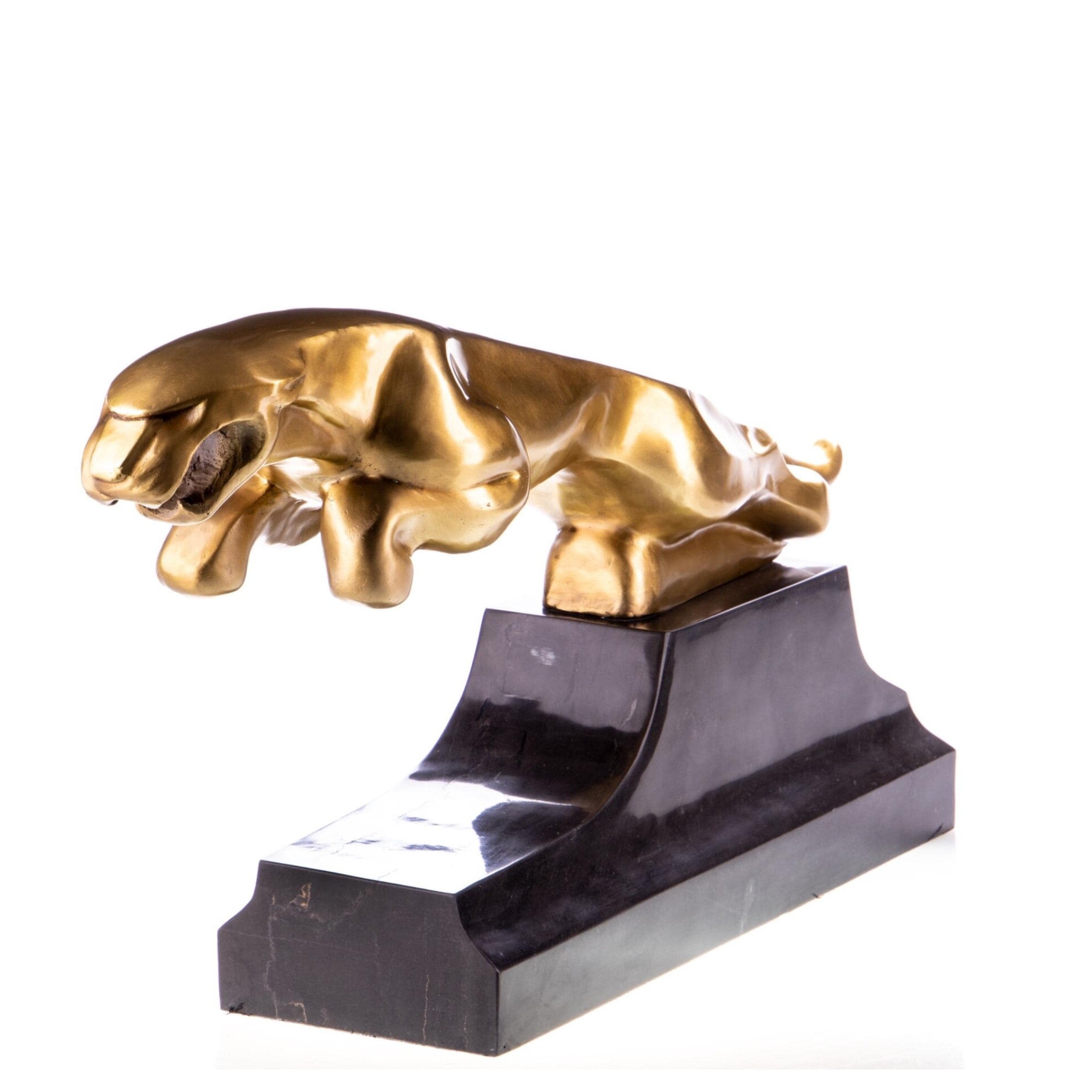 Large Art Deco Bronze Golden Panther Sculpture on Marble Base