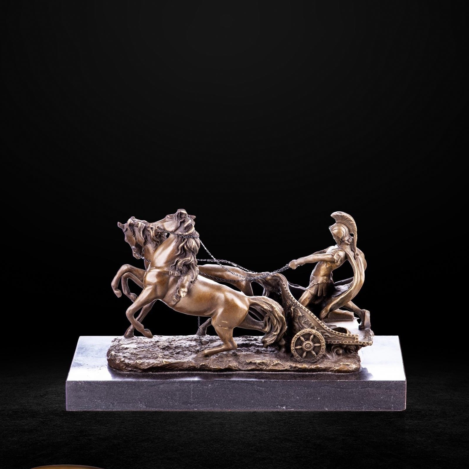 Ancient Warrior Bronze Chariot Sculpture – Marble Base – Classical Decor Statue. Office Sculptures