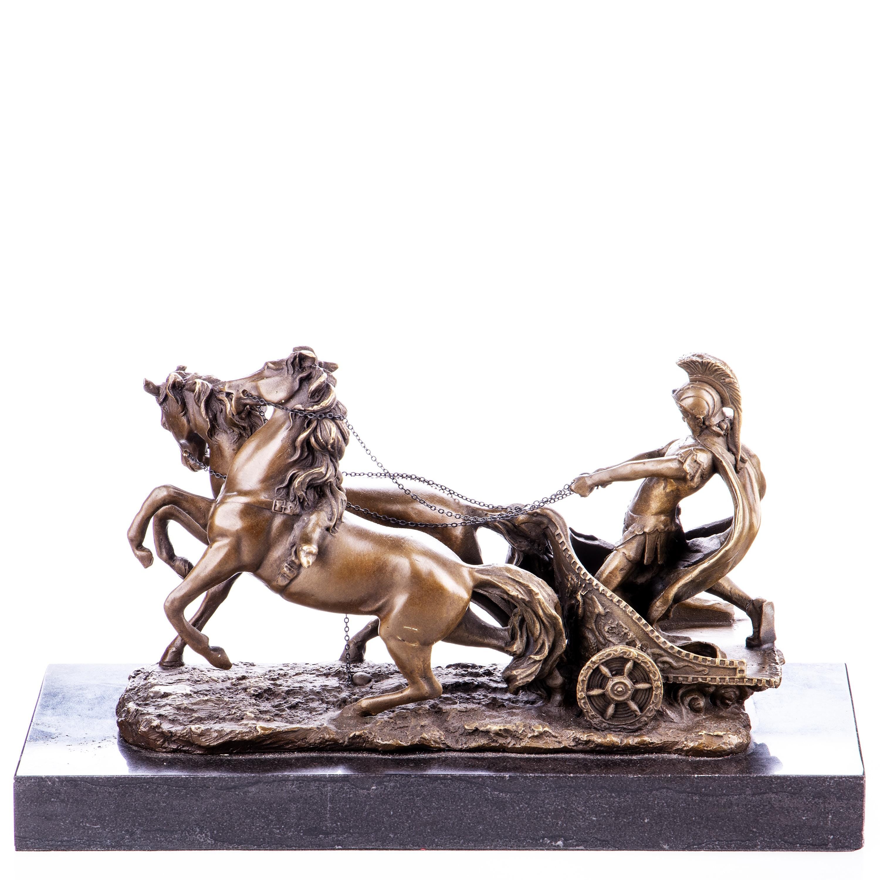 Ancient Warrior Bronze Chariot Sculpture – Marble Base – Classical Decor Statue. Office Sculptures