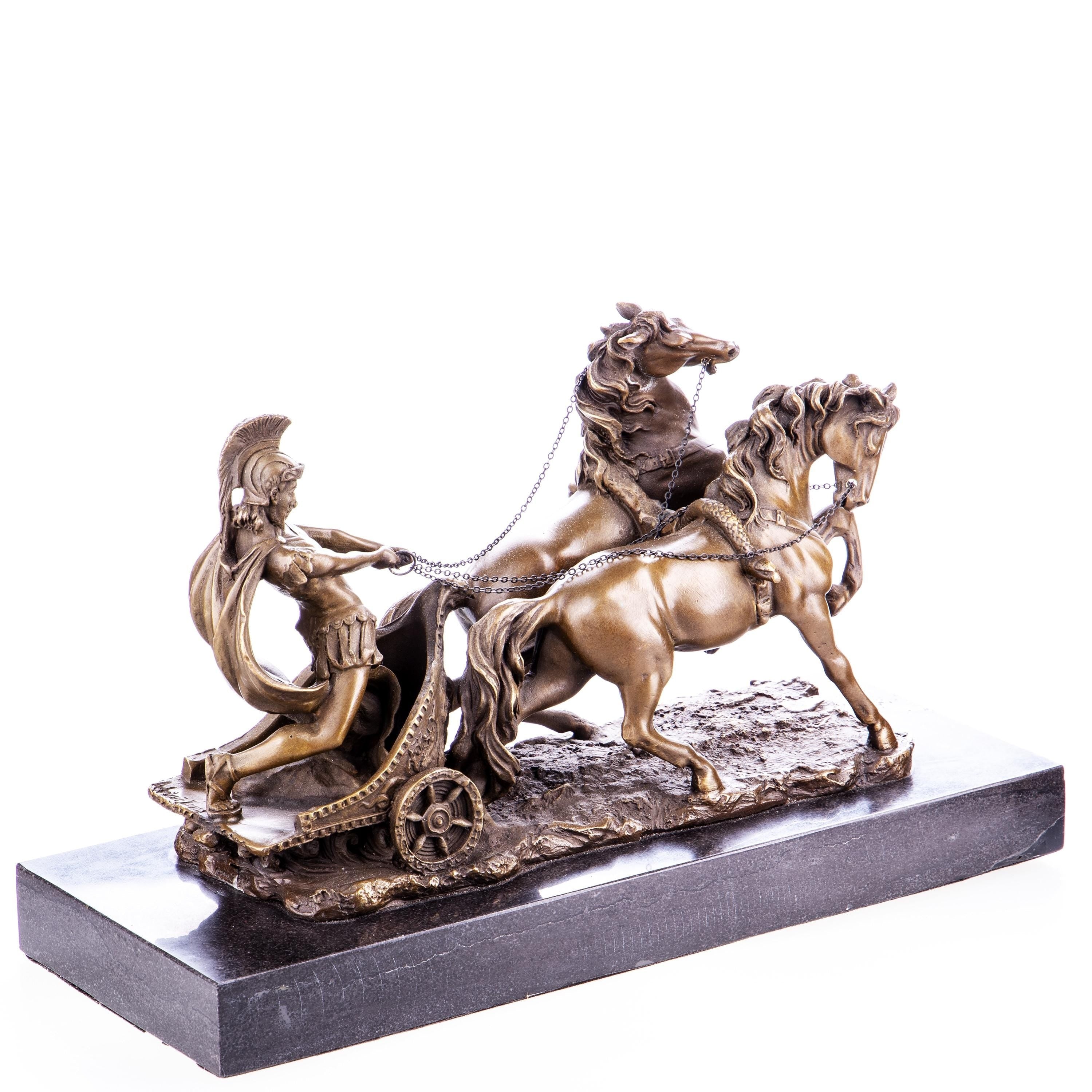 Ancient Warrior Bronze Chariot Sculpture – Marble Base – Classical Decor Statue. Office Sculptures