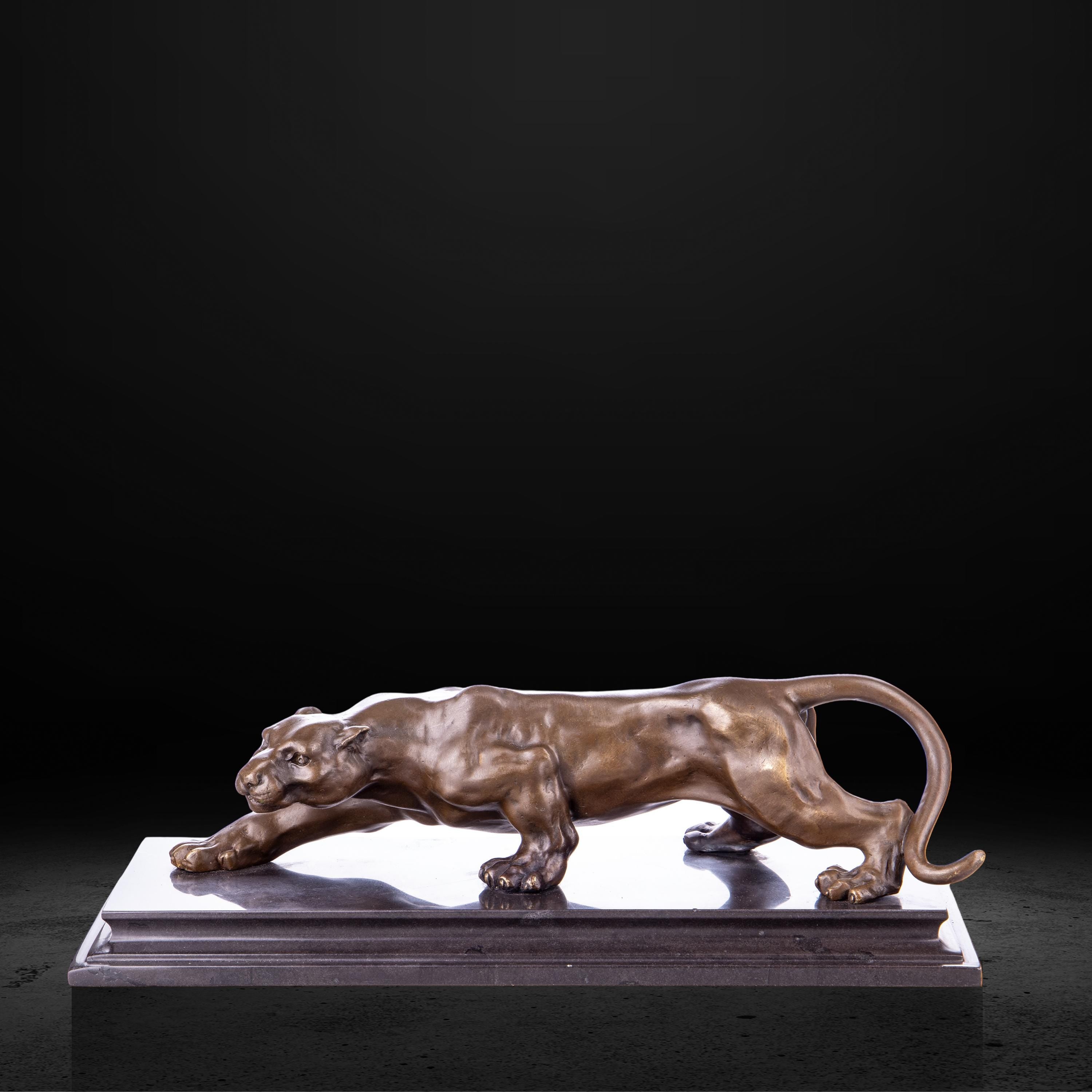 Bronze Panther Sculpture on Black Marble Base - Wildlife Art