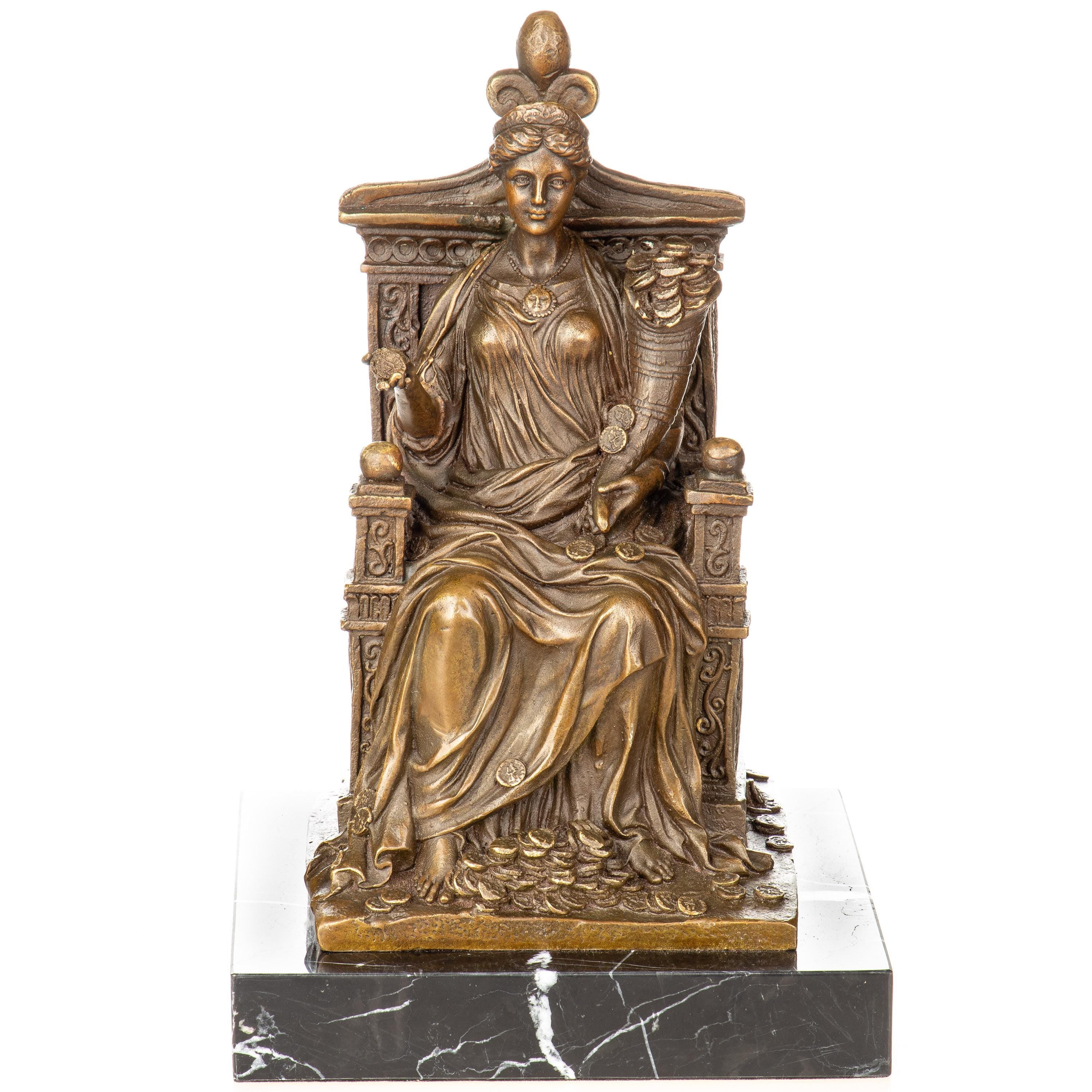 Bronze Sculpture of Fortuna on Throne | Goddess of Luck & Fortune Figurine | Mythology Marble Statue