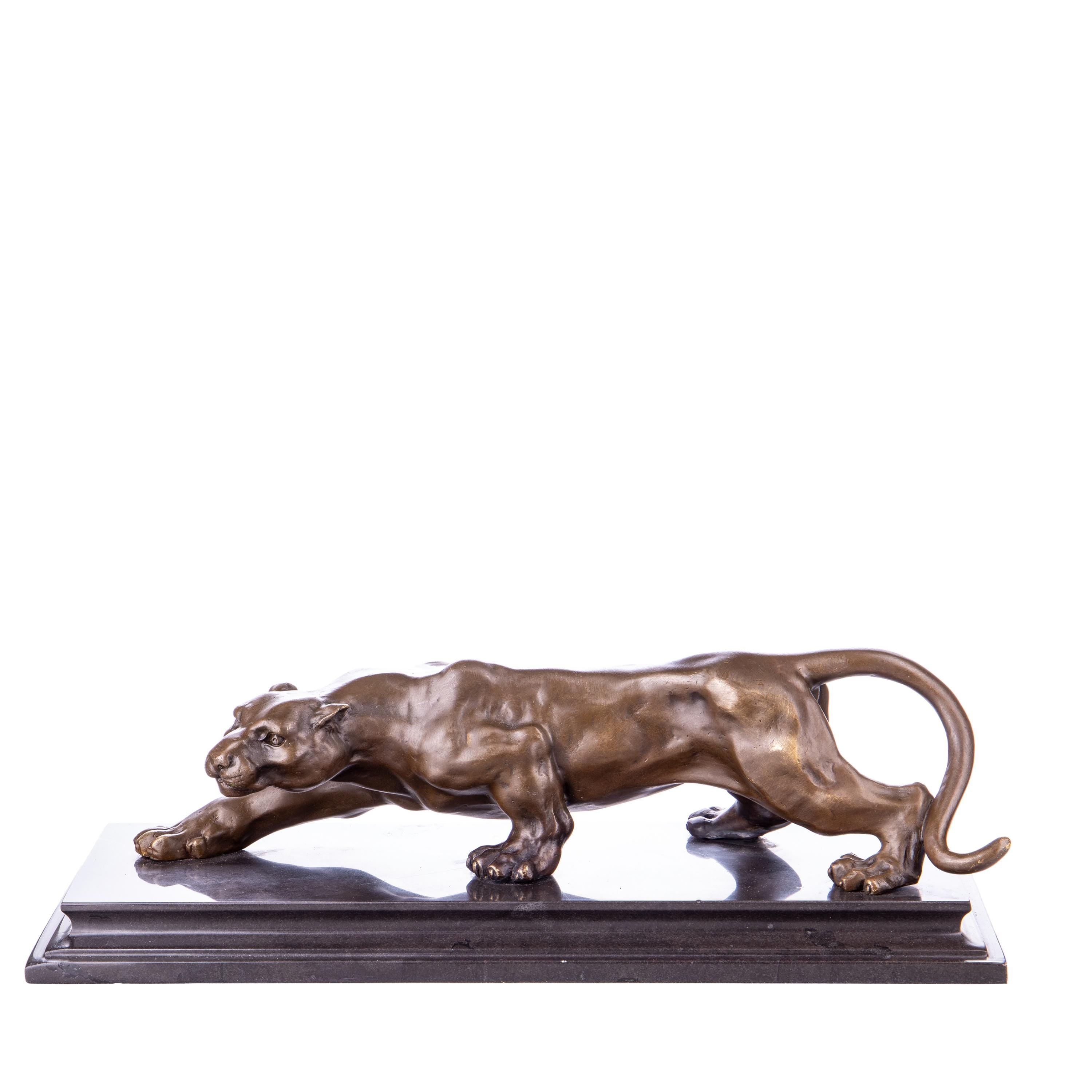 Bronze Panther Sculpture on Black Marble Base - Wildlife Art