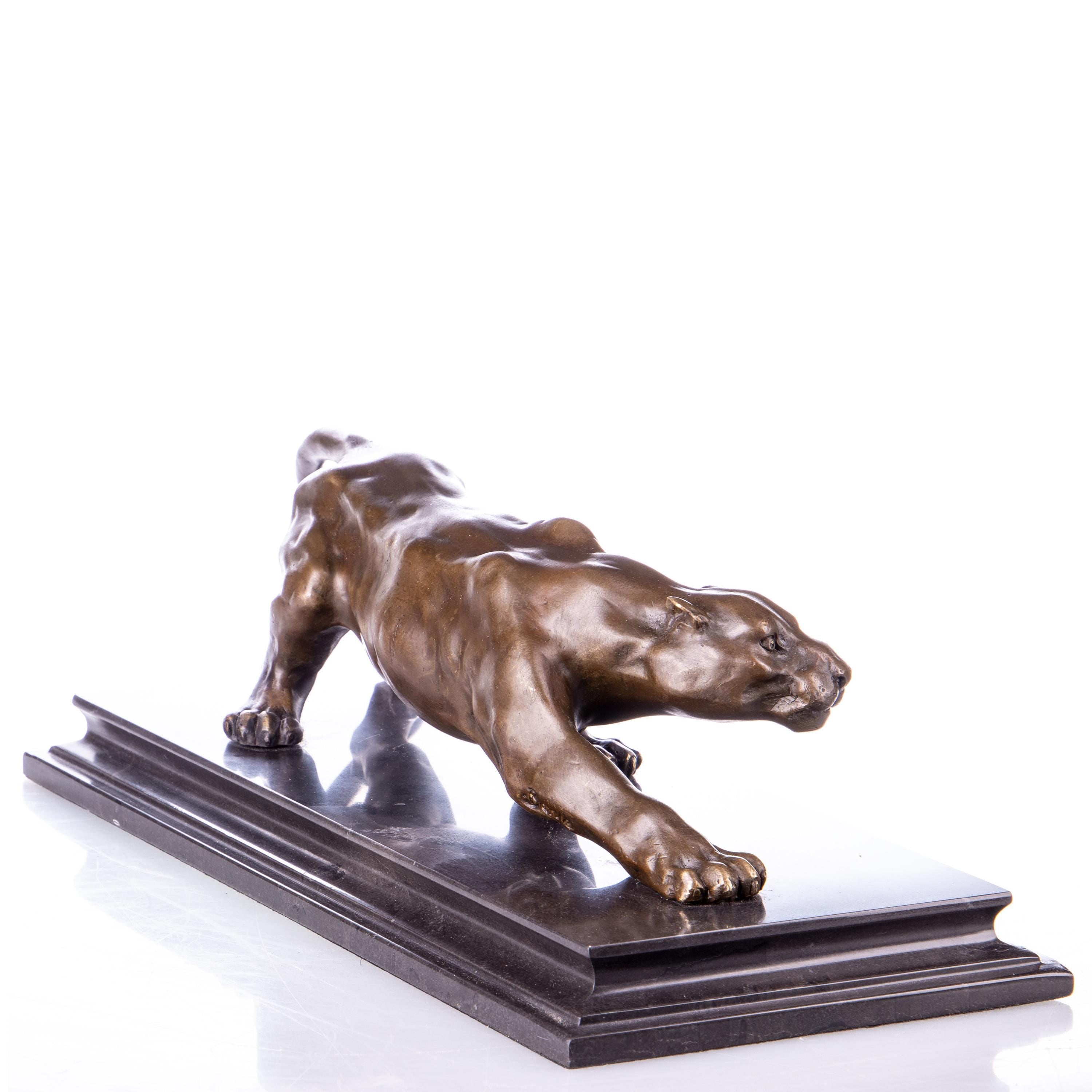Bronze Panther Sculpture on Black Marble Base - Wildlife Art