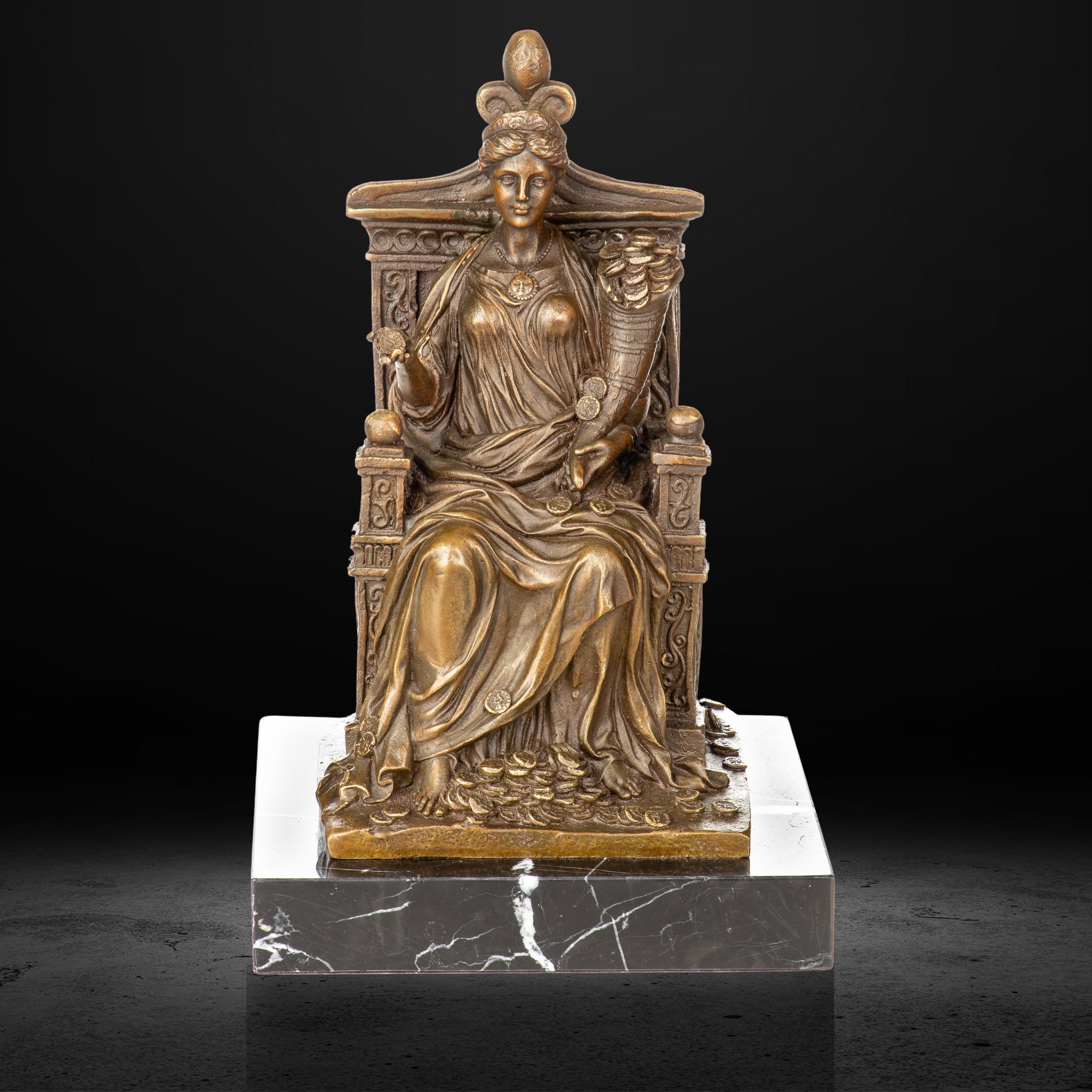 Bronze Sculpture of Fortuna on Throne | Goddess of Luck & Fortune Figurine | Mythology Marble Statue