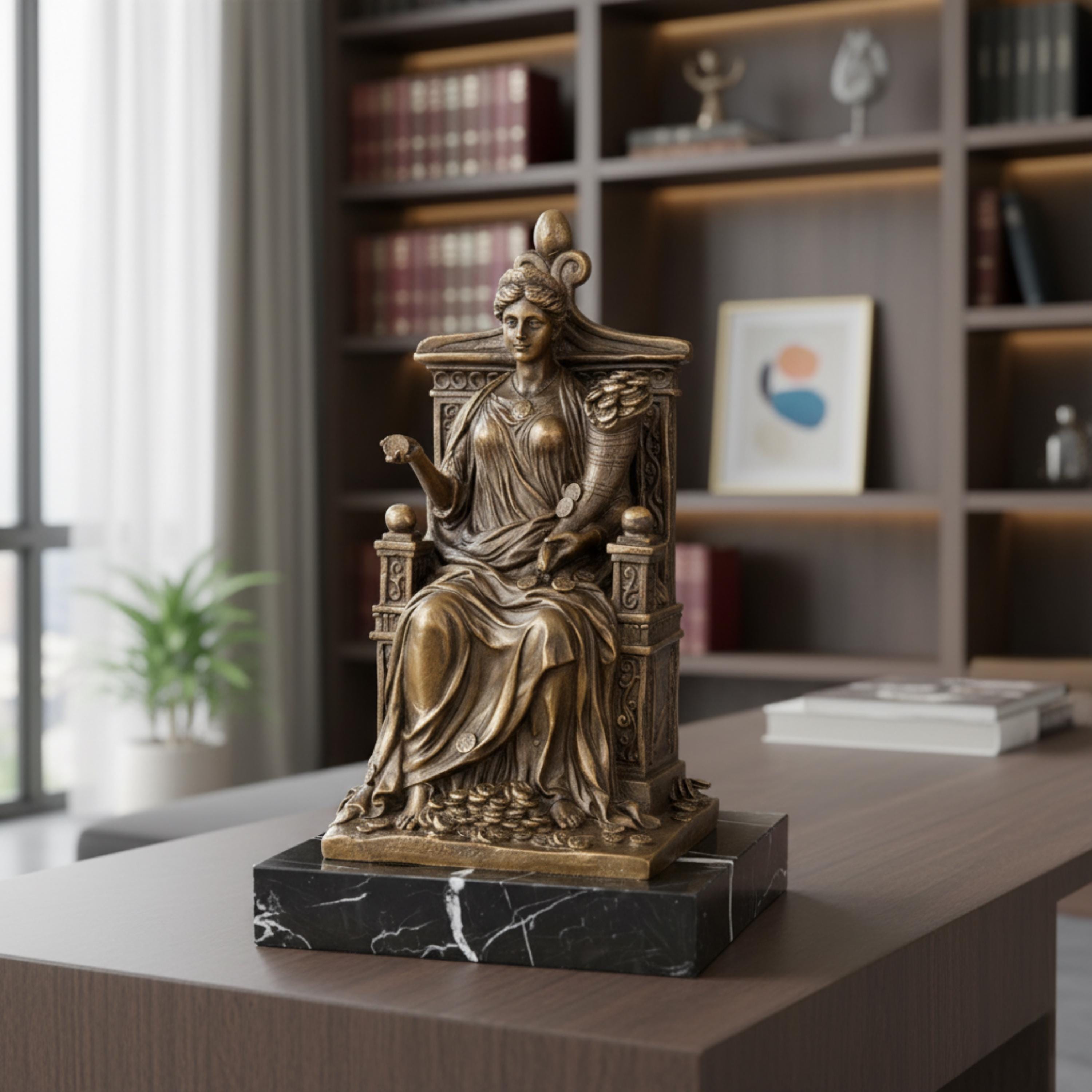 Bronze Sculpture of Fortuna on Throne | Goddess of Luck & Fortune Figurine | Mythology Marble Statue