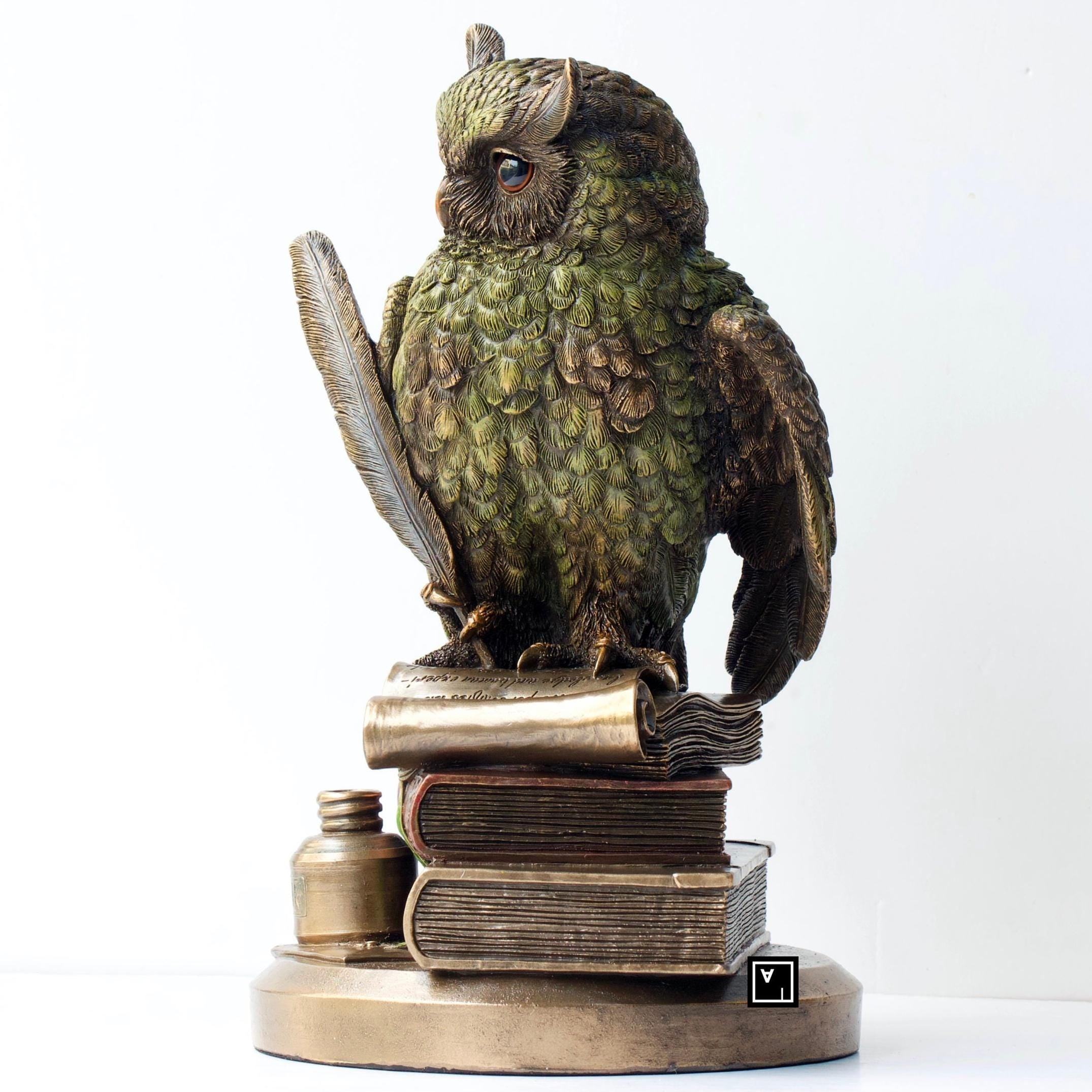 Owl Sculpture: Wise Bird on Books Figurine