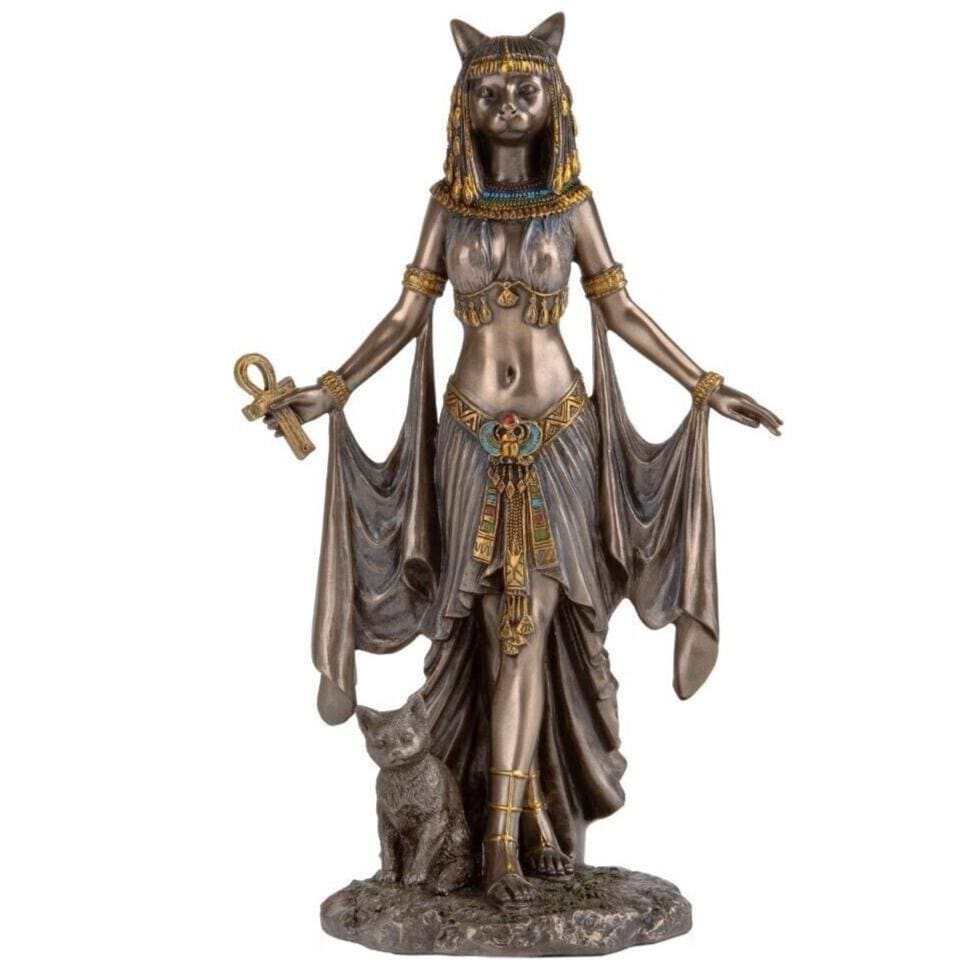 Egyptian Bastet Statue with Ankh, Cat Goddess Figurine