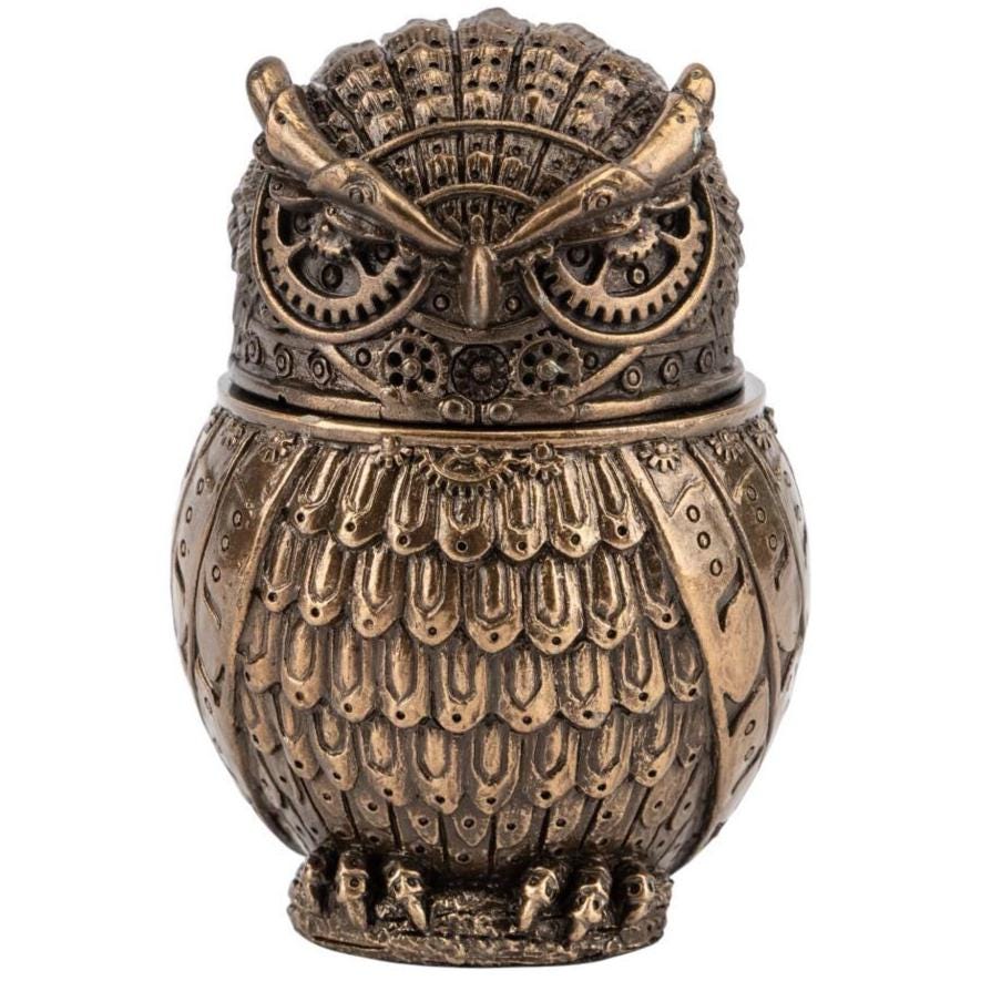 Steampunk Owl Secret Trinket Box Cold Cast Bronze Decorative Sculpture