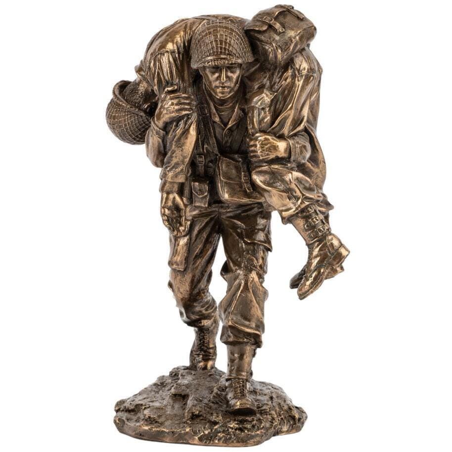 Wartime Rescue Soldier Statue Cold Cast Bronze Military No Soldier Left Behind Sculpture