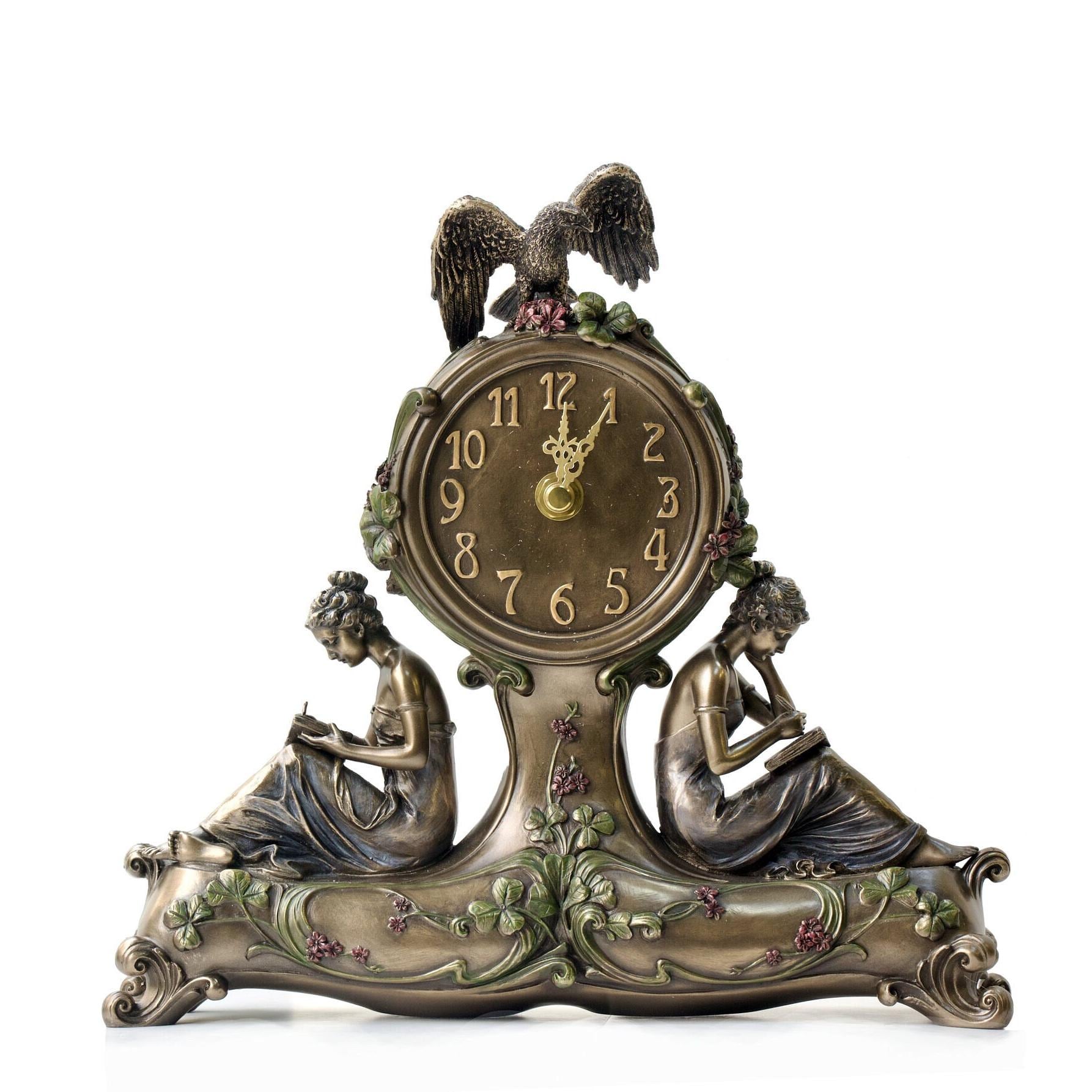 9.84 Inc Art Nouveau Clock with two Women and Eagle on top