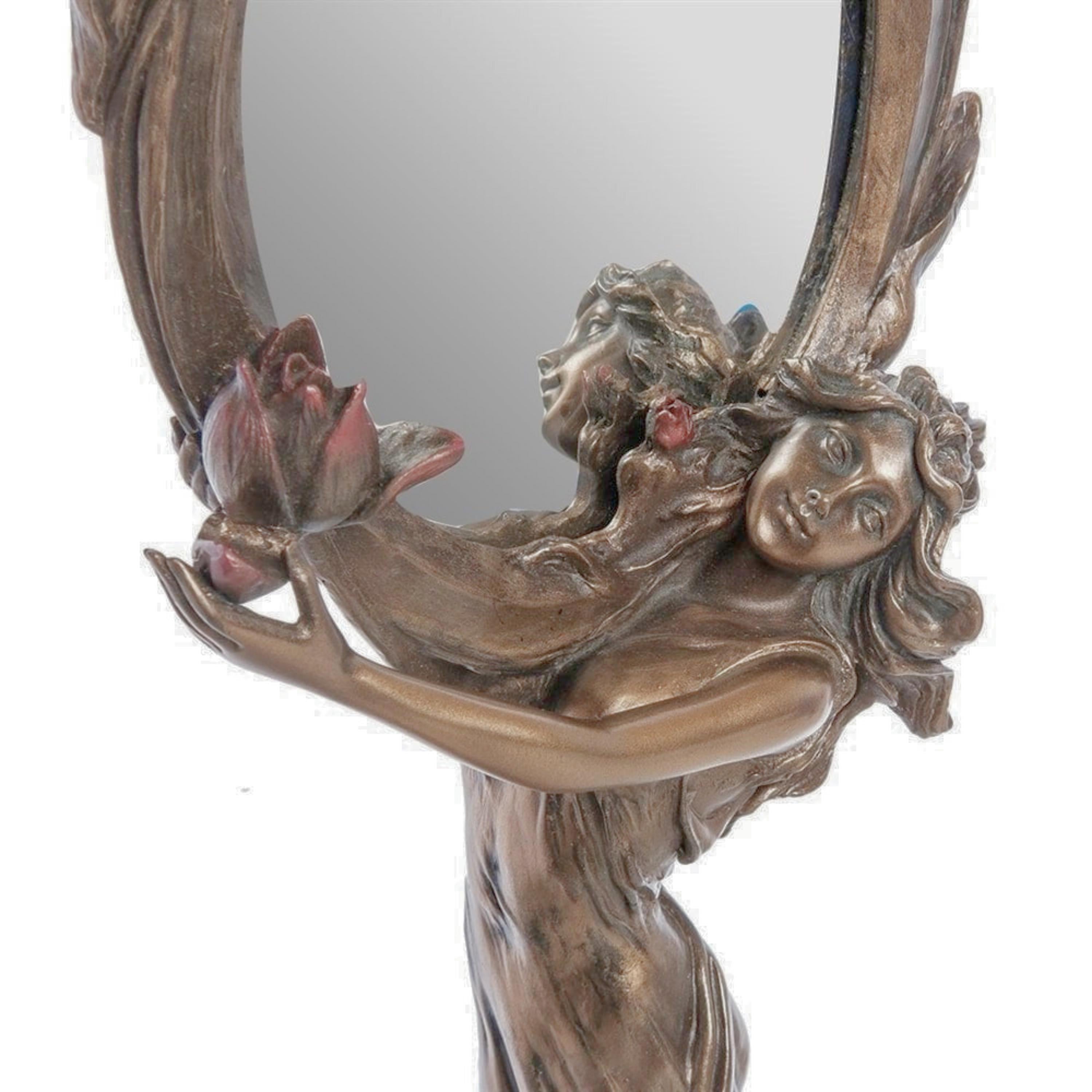 Art Nouveau Lady Mirror, Cold Cast Bronze Goddess Figure, Floral Vanity Decor