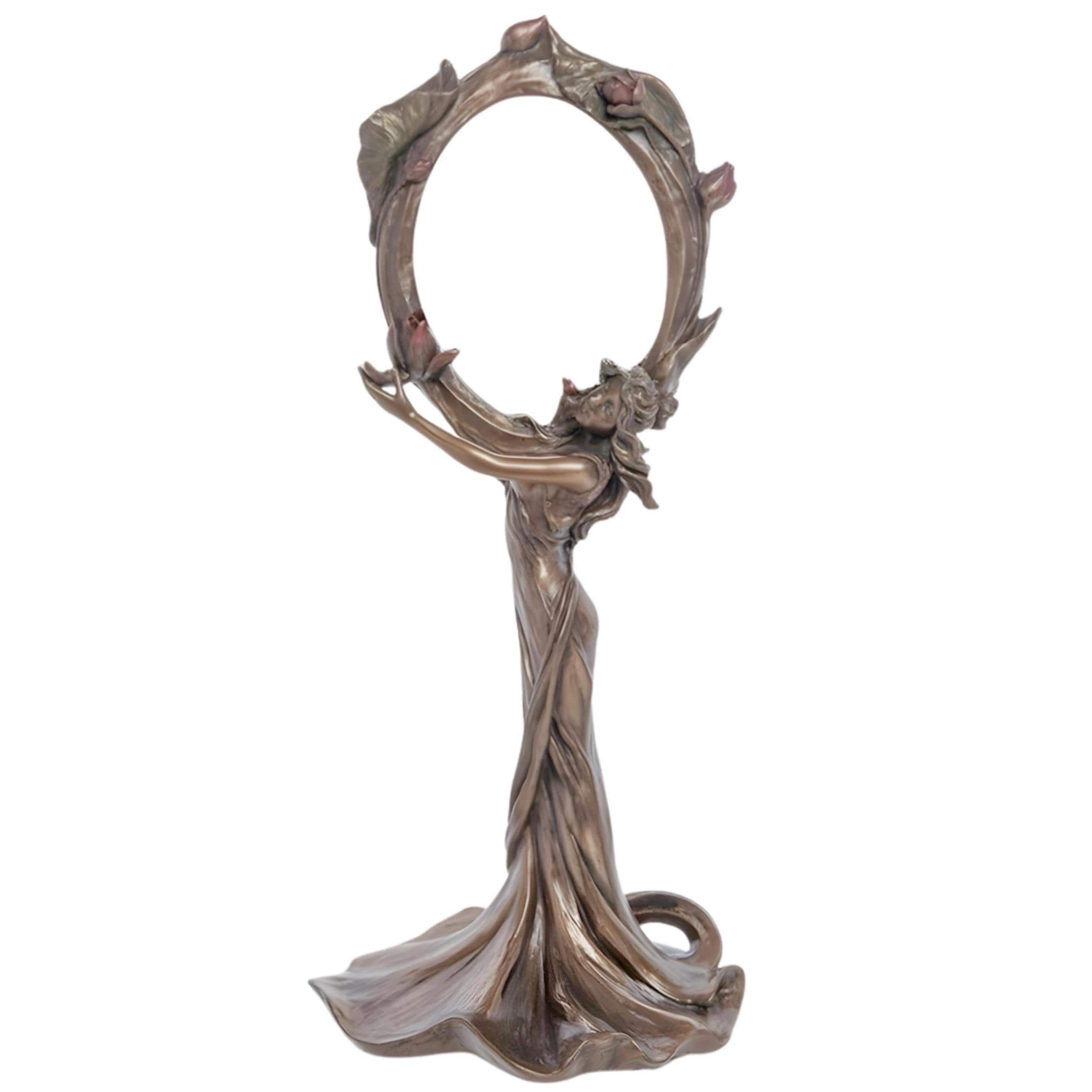 Art Nouveau Lady Mirror, Cold Cast Bronze Goddess Figure, Floral Vanity Decor