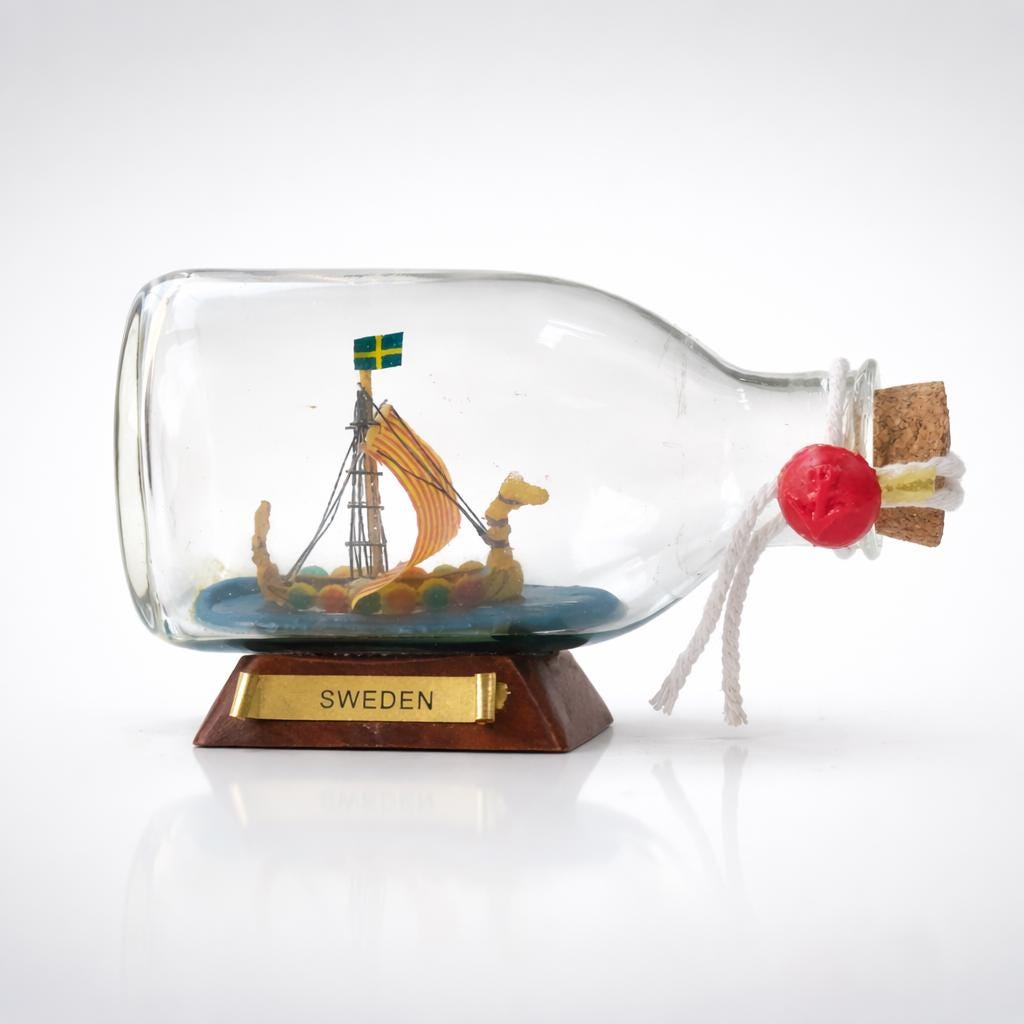 Mini Viking Ship in Bottle – Swedish Nautical Decor, Maritime Ornament