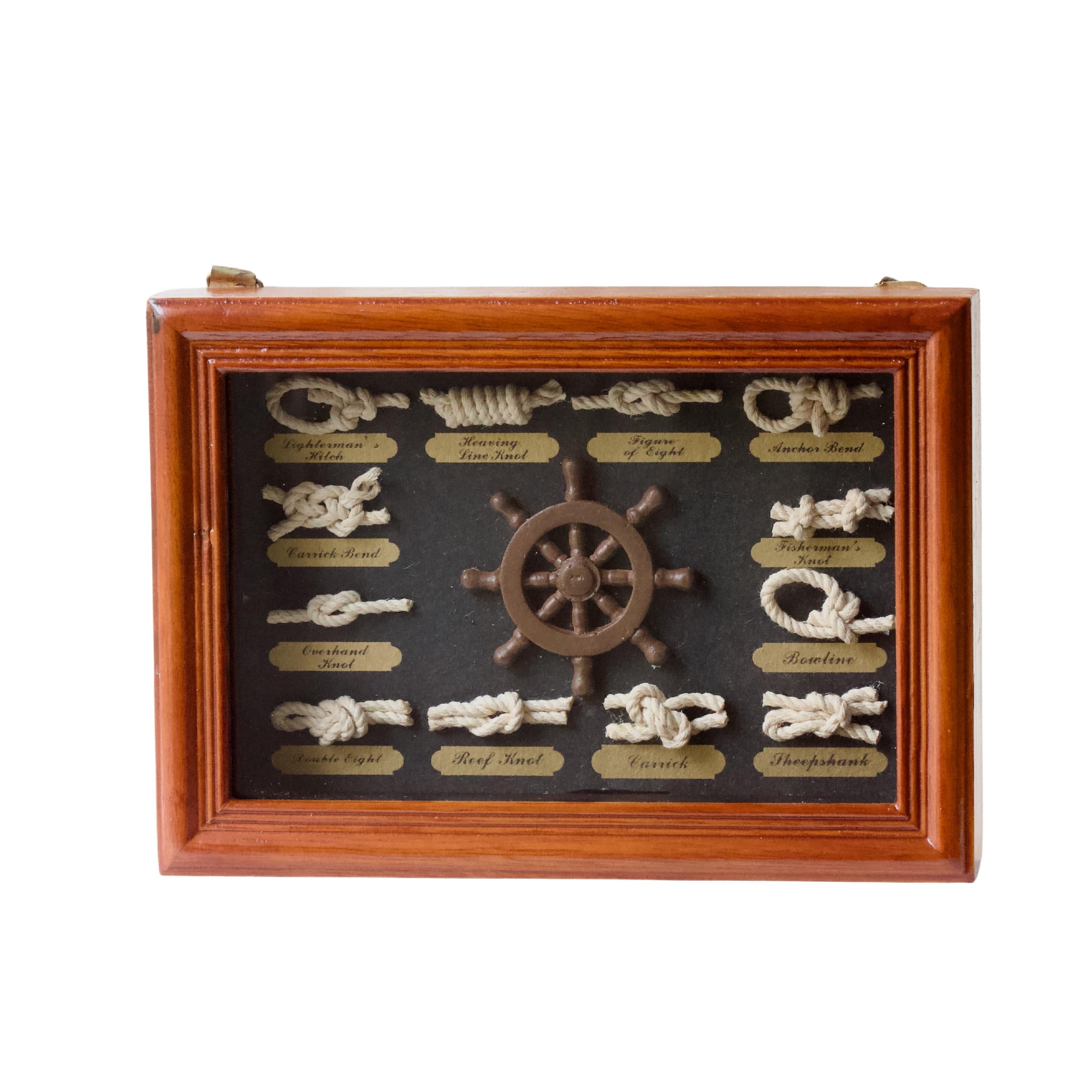 Nautical Rope Knot Display Box – 12 Sailor Knots, Ship Wheel, Wooden Frame Maritime Decor