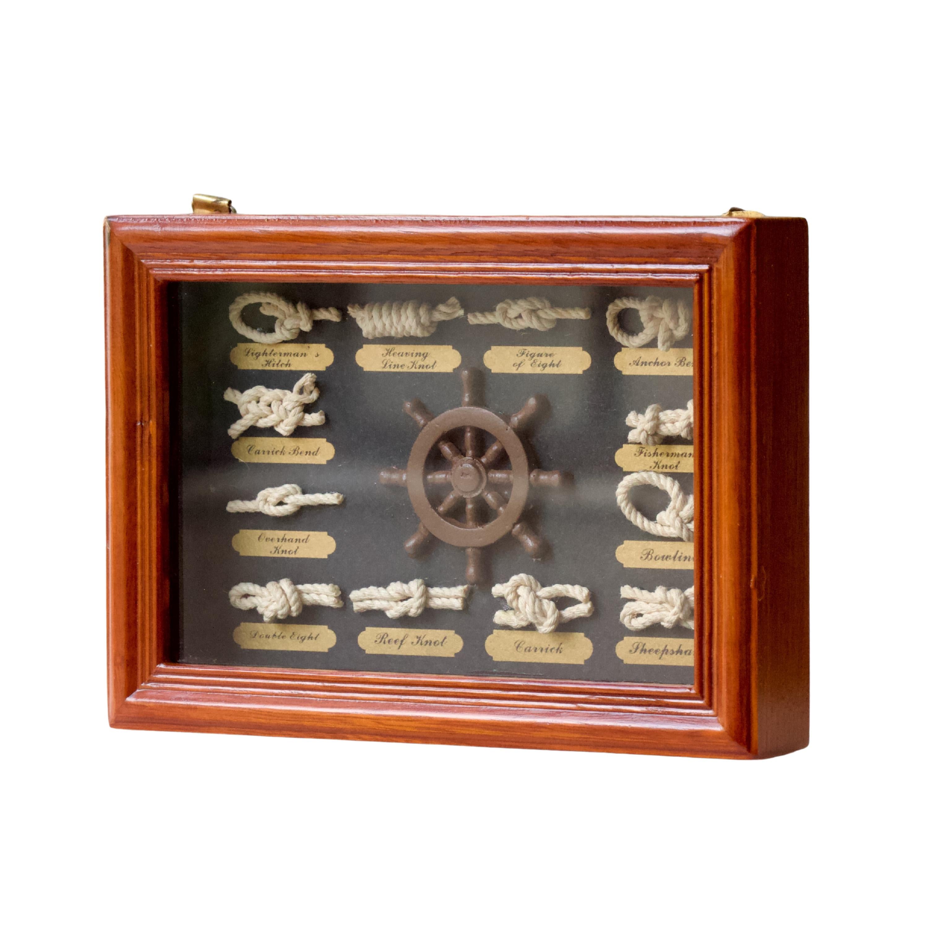 Nautical Rope Knot Display Box – 12 Sailor Knots, Ship Wheel, Wooden Frame Maritime Decor
