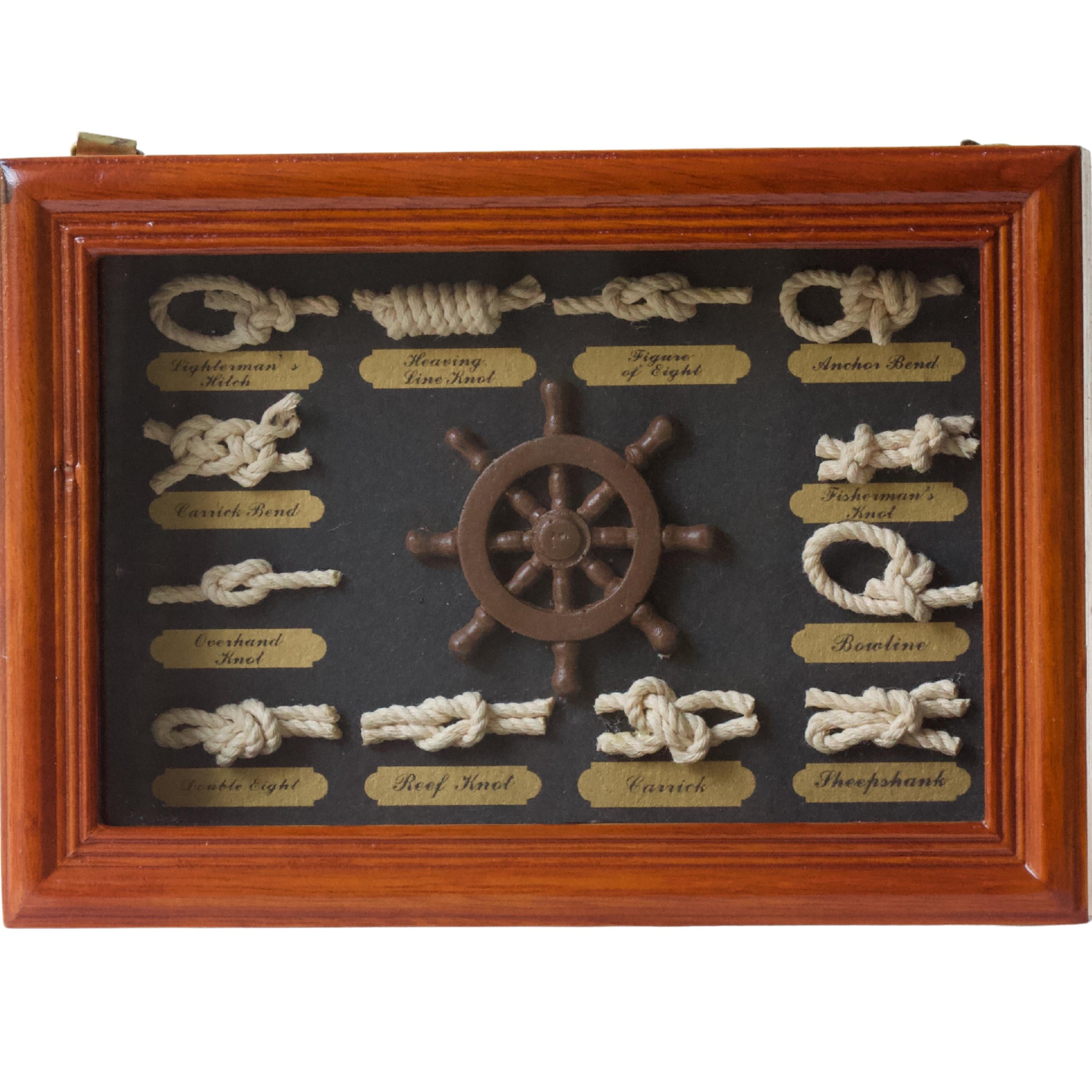 Nautical Rope Knot Display Box – 12 Sailor Knots, Ship Wheel, Wooden Frame Maritime Decor
