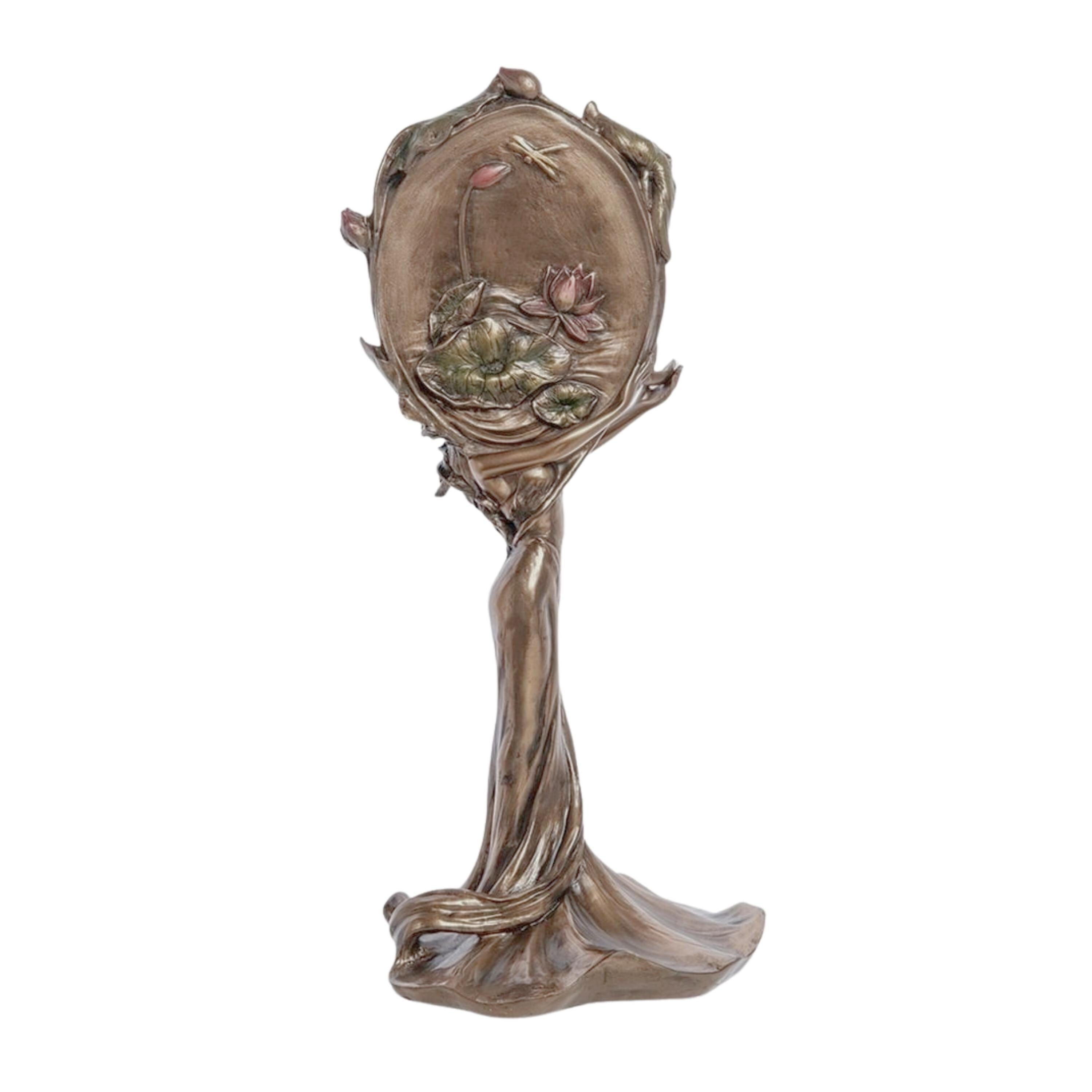 Art Nouveau Lady Mirror, Cold Cast Bronze Goddess Figure, Floral Vanity Decor