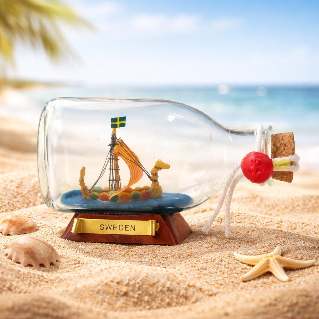 Mini Viking Ship in Bottle – Swedish Nautical Decor, Maritime Ornament