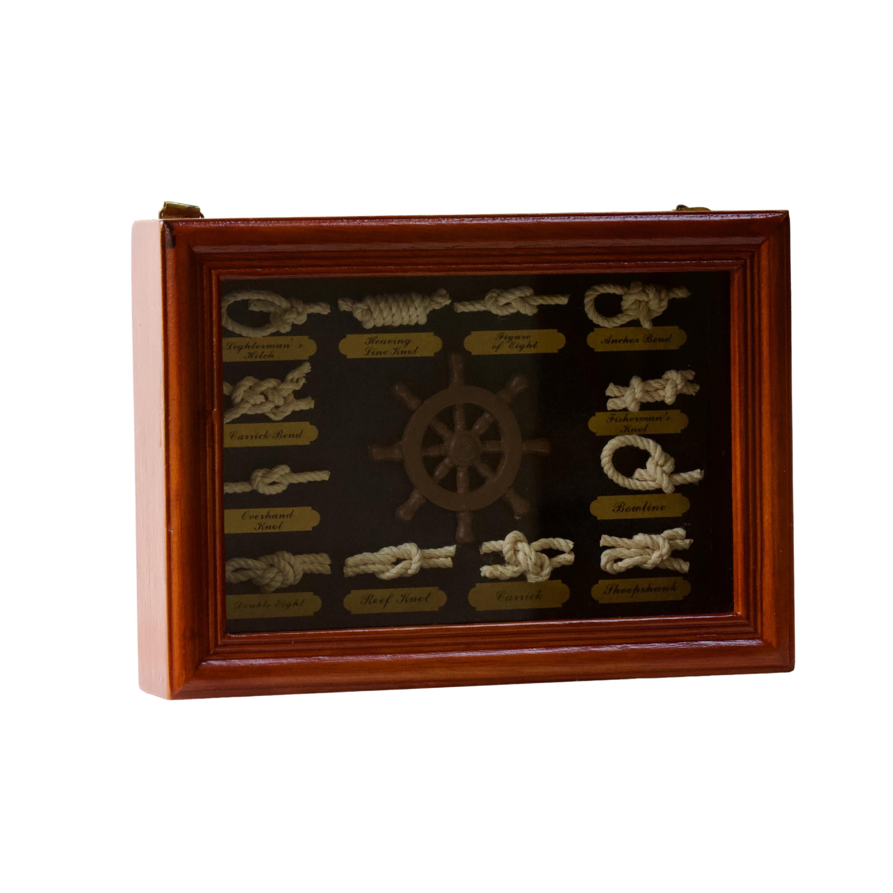 Nautical Rope Knot Display Box – 12 Sailor Knots, Ship Wheel, Wooden Frame Maritime Decor