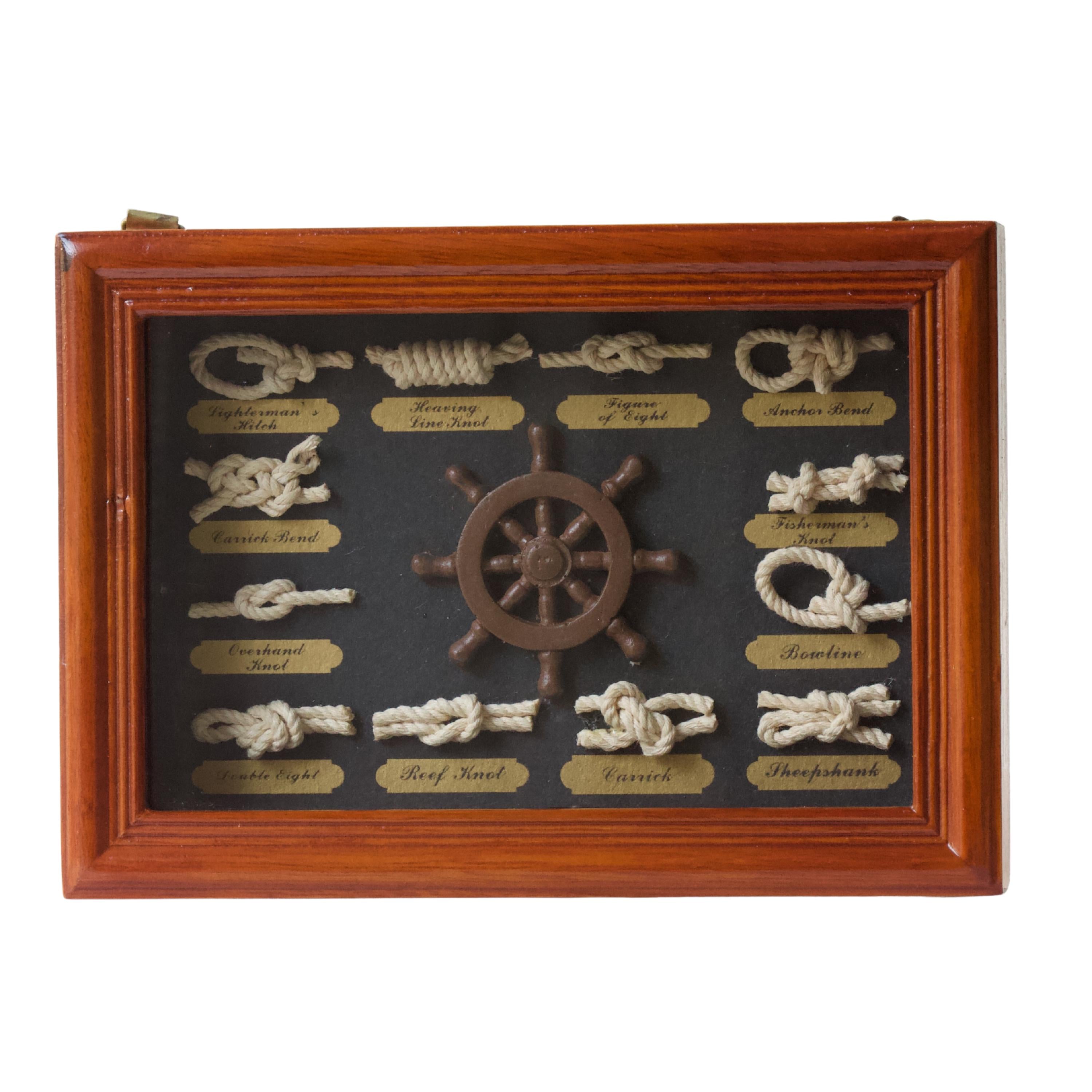 Nautical Rope Knot Display Box – 12 Sailor Knots, Ship Wheel, Wooden Frame Maritime Decor