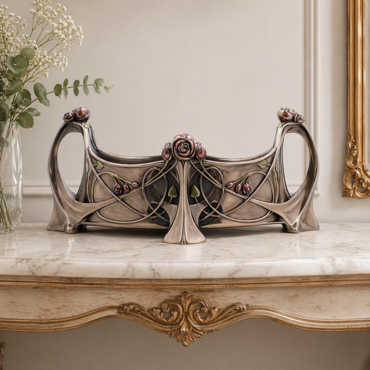 Art Nouveau Rose Centerpiece Bowl, Cold Cast Bronze, Victorian Floral Table Decor