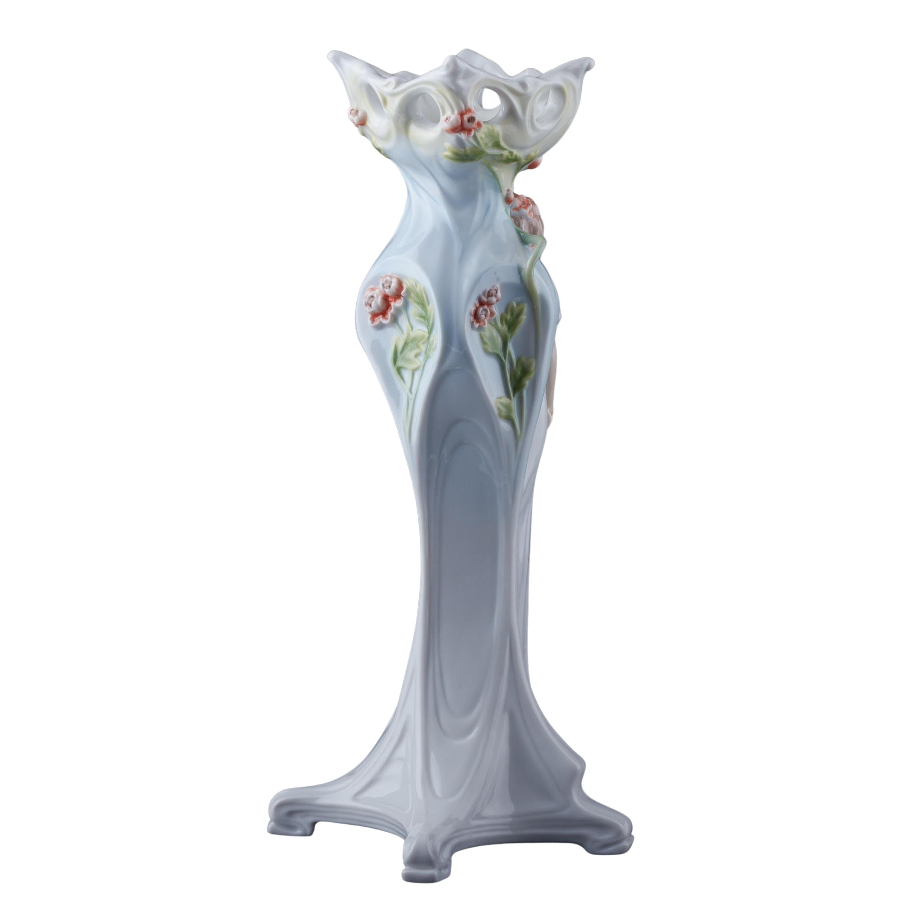 Art Nouveau Maiden Porcelain Vase, Hand-Painted Floral Figurine Bud Vase