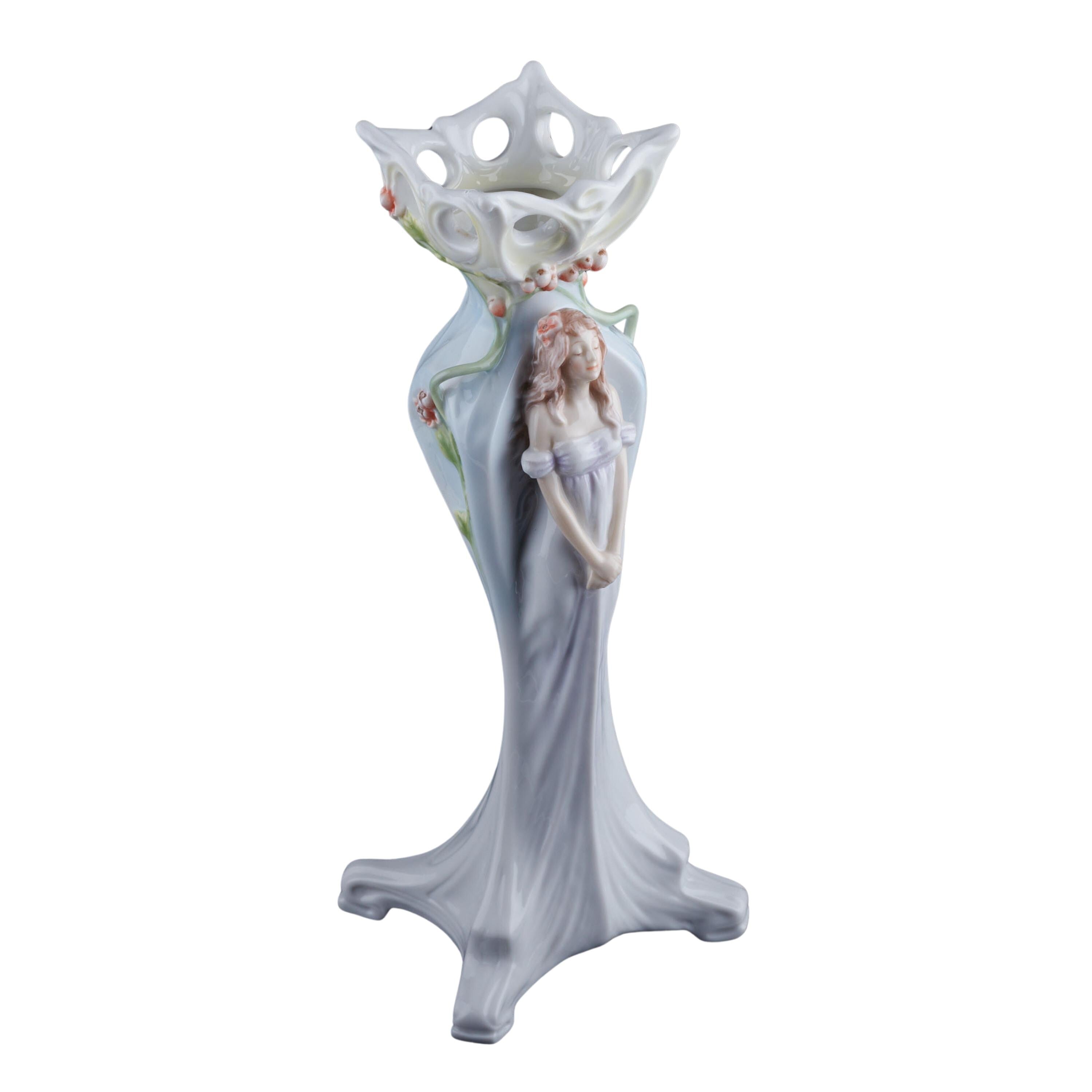 Art Nouveau Maiden Porcelain Vase, Hand-Painted Floral Figurine Bud Vase