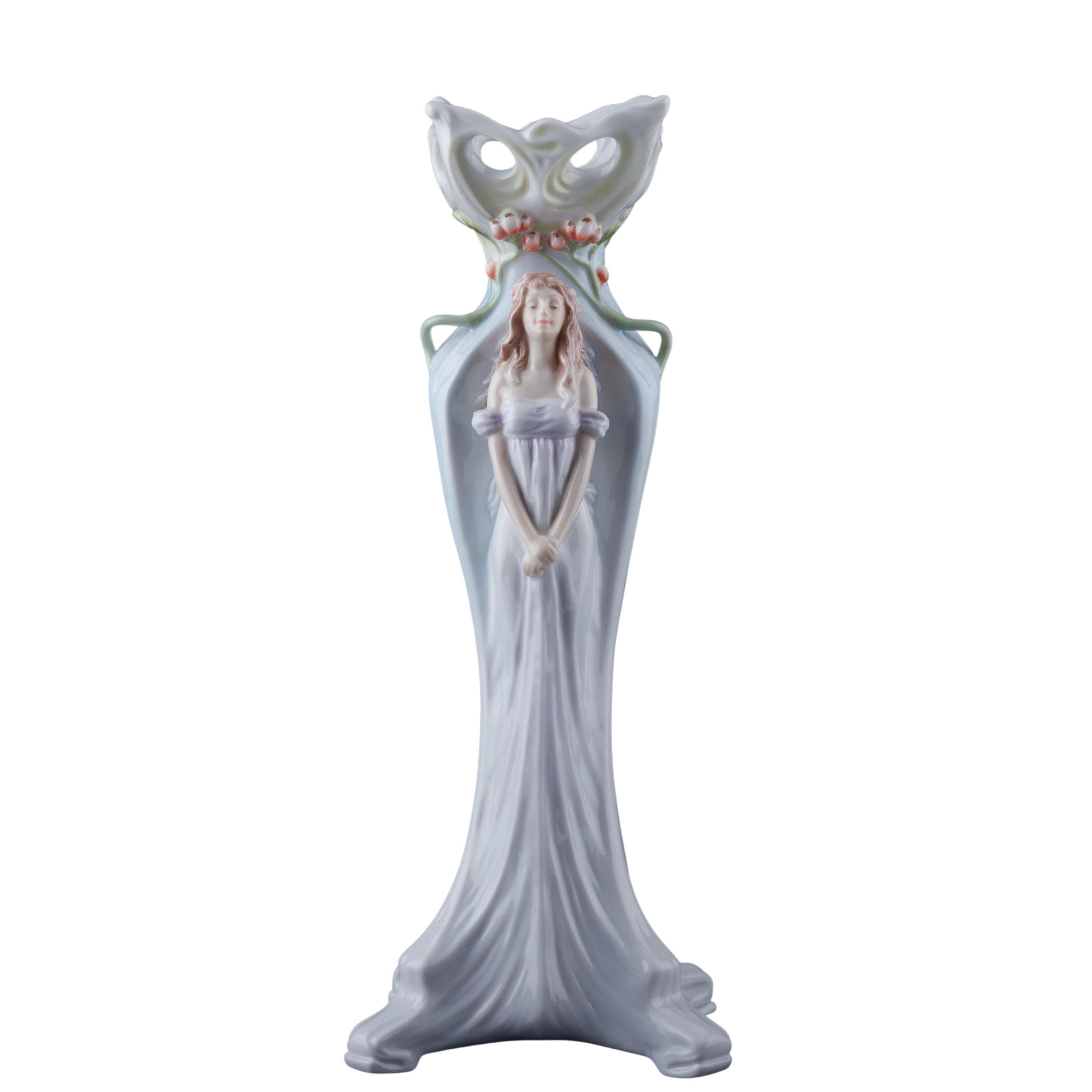 Art Nouveau Maiden Porcelain Vase, Hand-Painted Floral Figurine Bud Vase