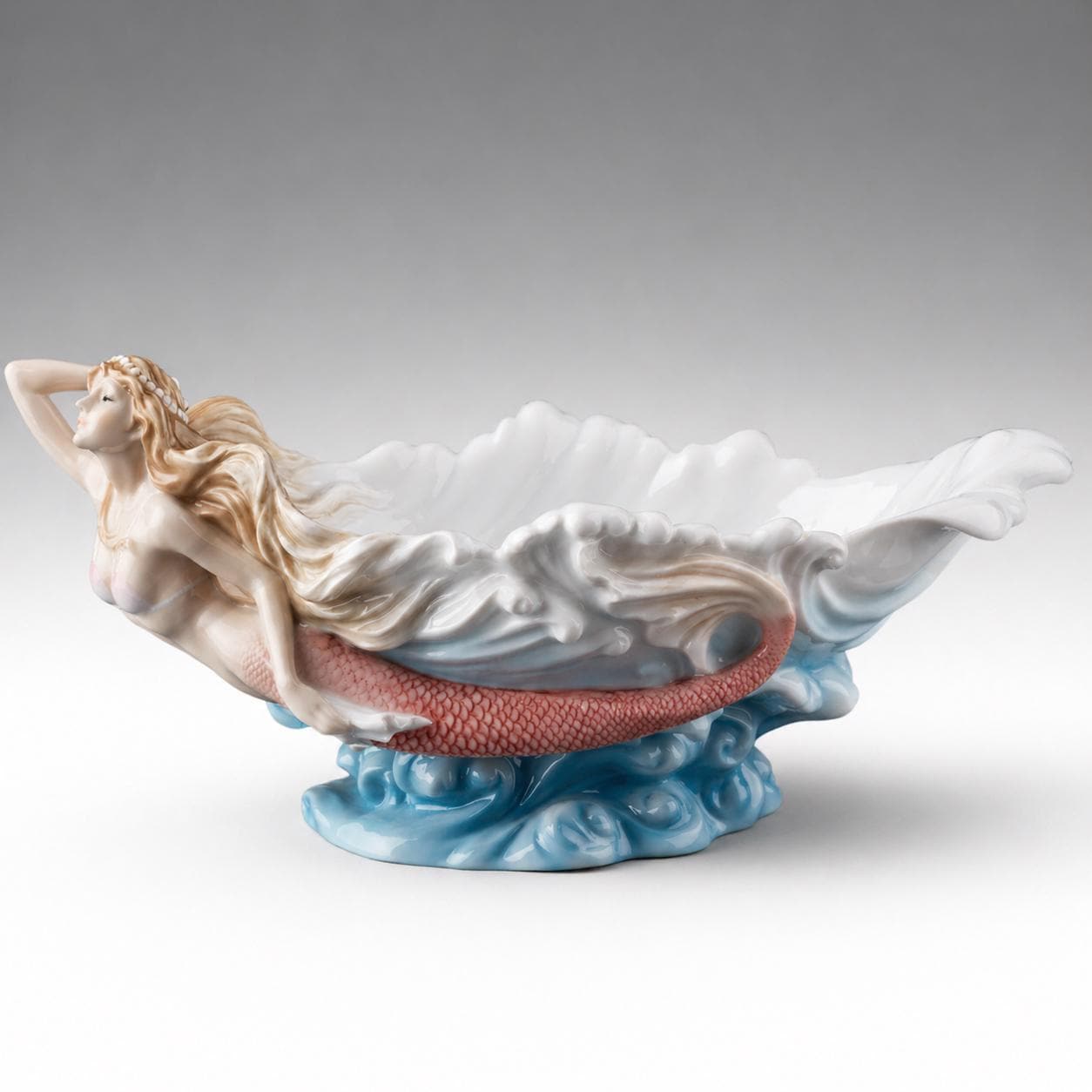Fine Porcelain Mermaid Seashell Bowl, Hand-Painted Ocean Mythology Sculpture