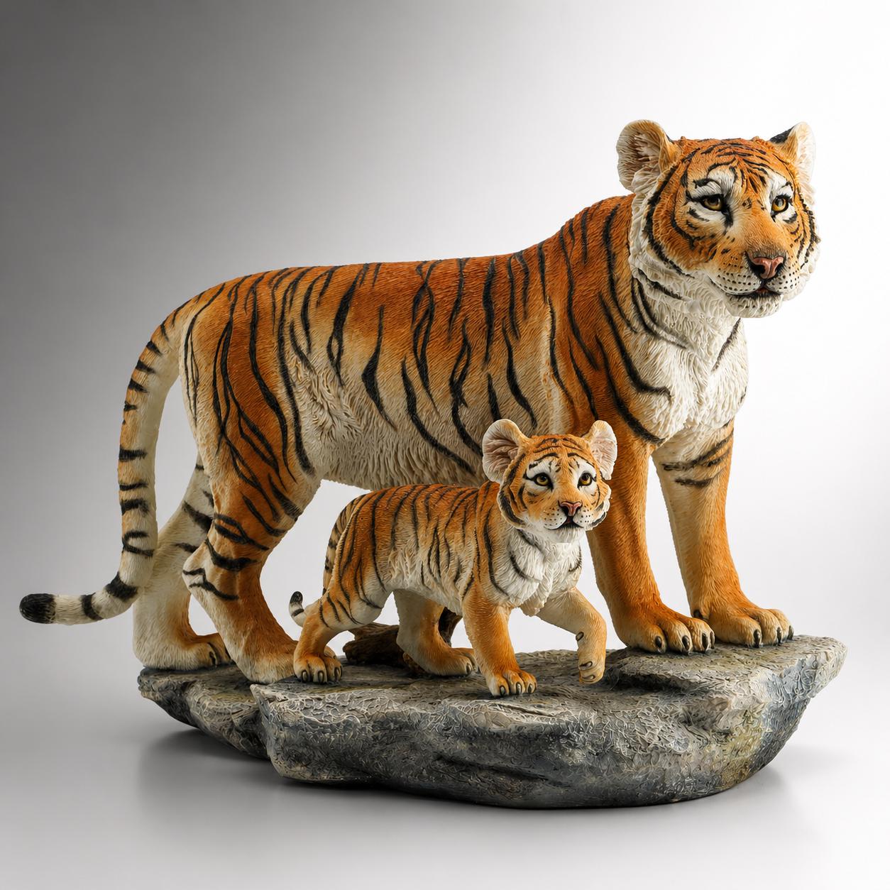 Realistic Bengal Tiger Mother Cub Statue, Hand-Painted Resin Wildlife Sculpture