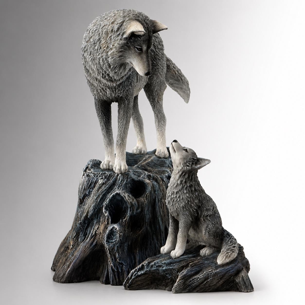Grey Wolf Pup Tree Stump Statue, Realistic Resin Wildlife Sculpture, Nature Decor