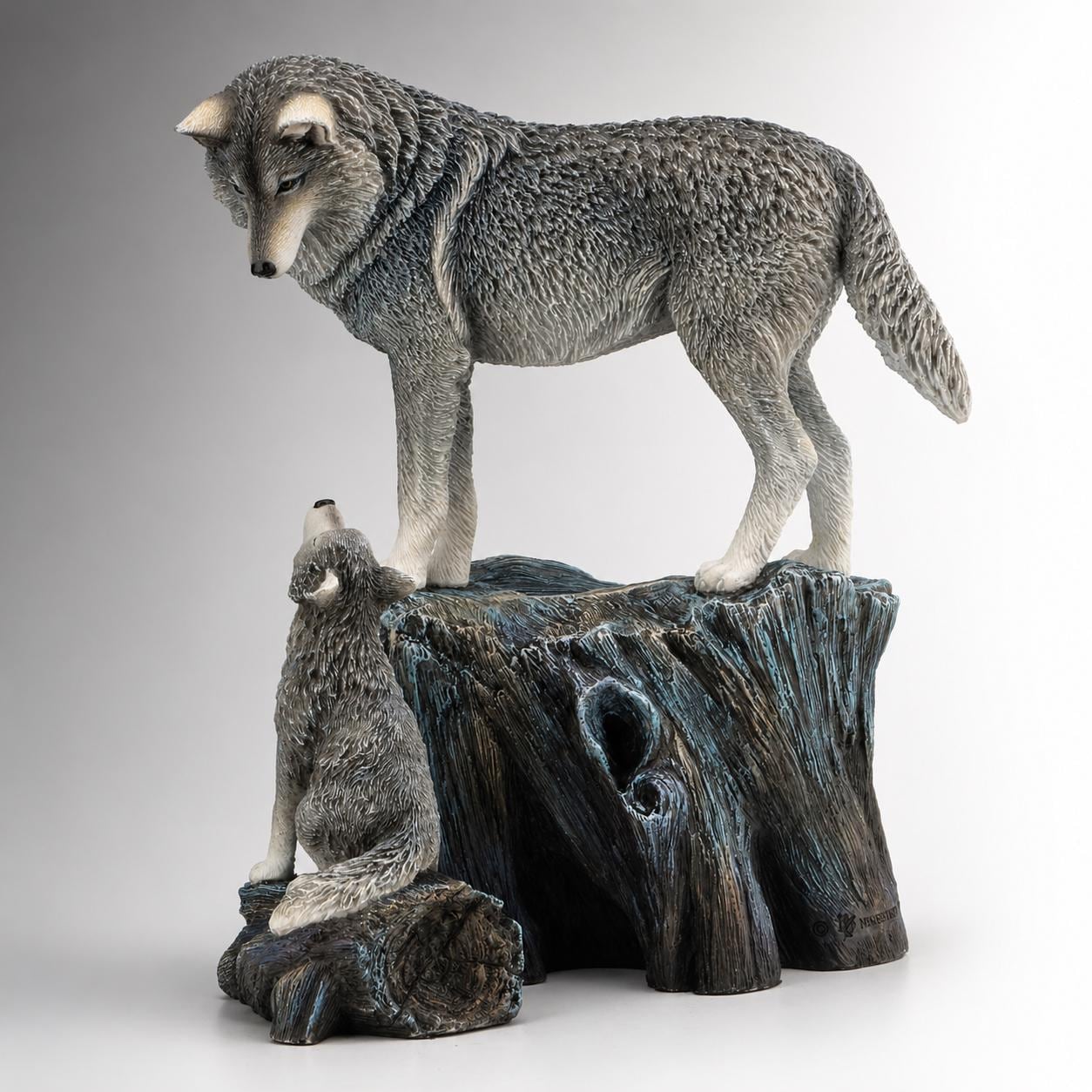 Grey Wolf Pup Tree Stump Statue, Realistic Resin Wildlife Sculpture, Nature Decor