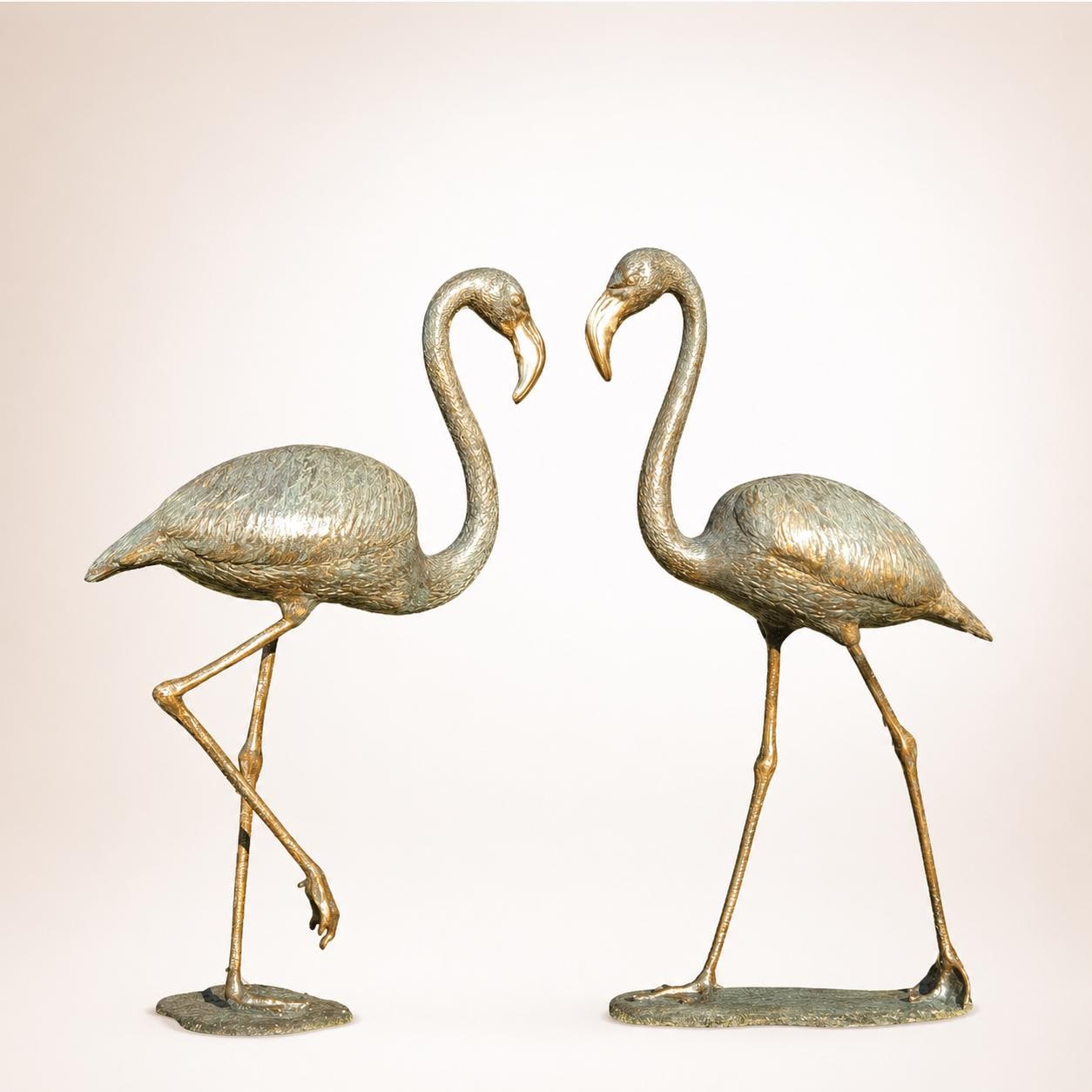 Pair of Bronze Flamingo Sculptures: Large Garden Yard Statues