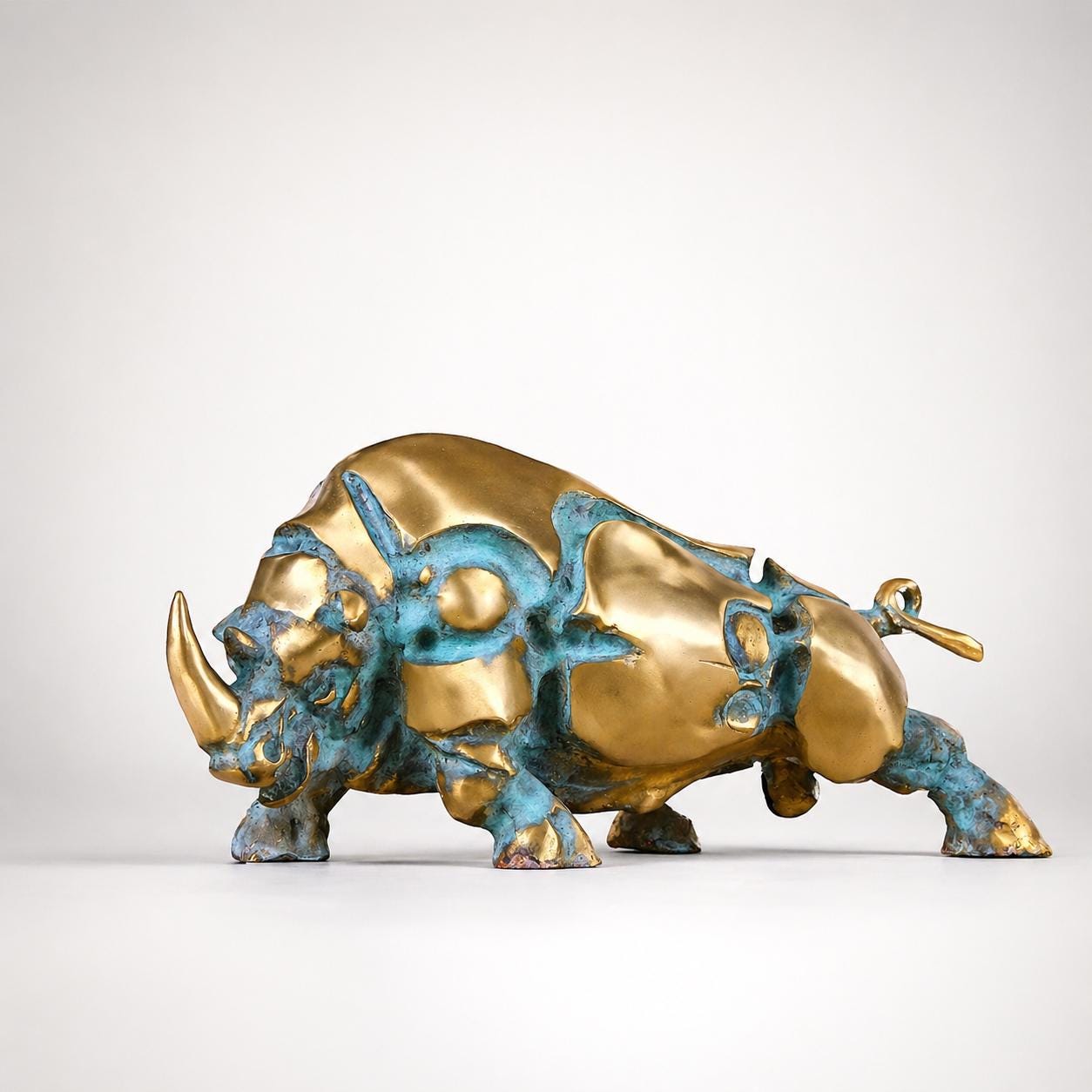 Modern Bronze Rhino Sculpture, Large Outdoor Art (19 Inches)