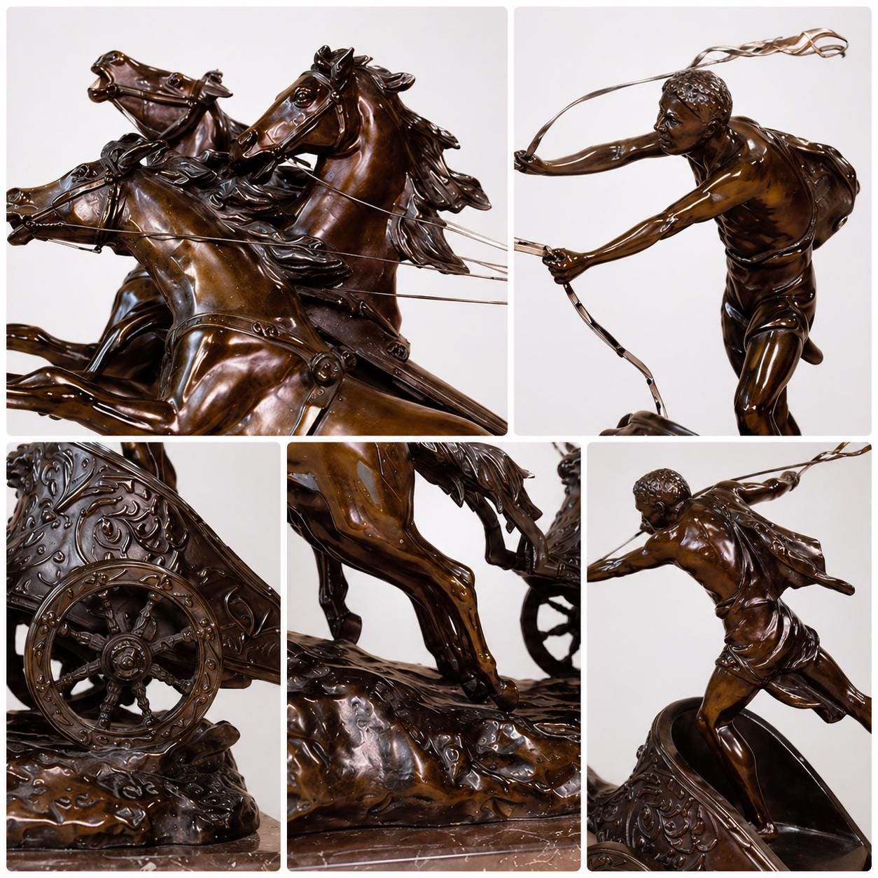 Bronze Roman Horses Chariot Gladiator Sculpture (25.59 Inches)