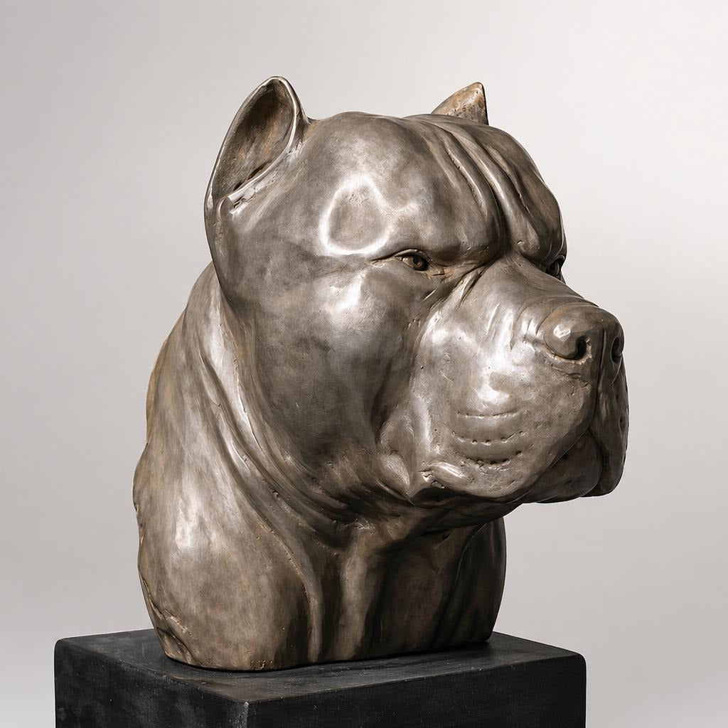 Bronze Pitbull Bust Sculpture: 14-Inch Lost Wax Art on Marble Base