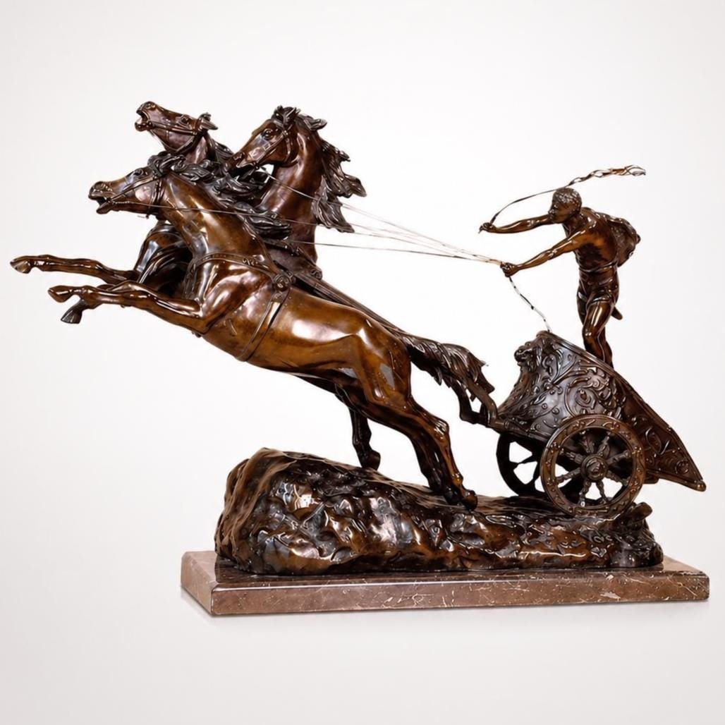 Bronze Roman Horses Chariot Gladiator Sculpture (25.59 Inches)