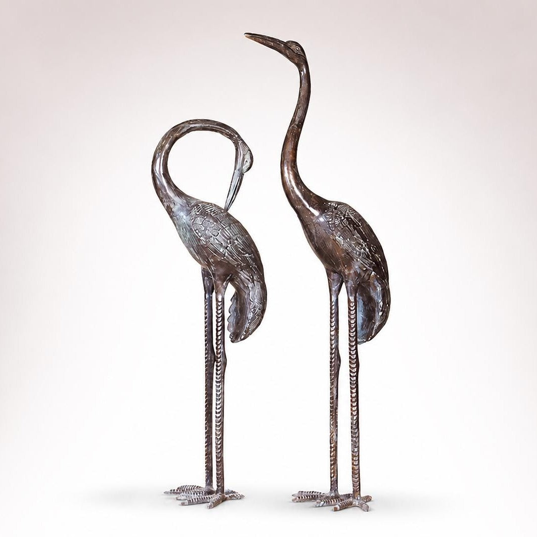 Hand Cast Bronze Heron Pair Sculpture, Green Patina Wildlife Art, 102cm Tall Home Decor