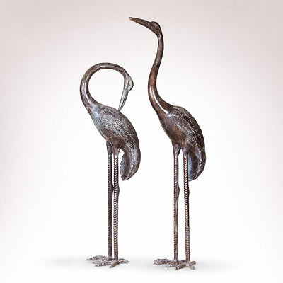Hand Cast Bronze Heron Pair Sculpture, Green Patina Wildlife Art, 102cm Tall Home Decor