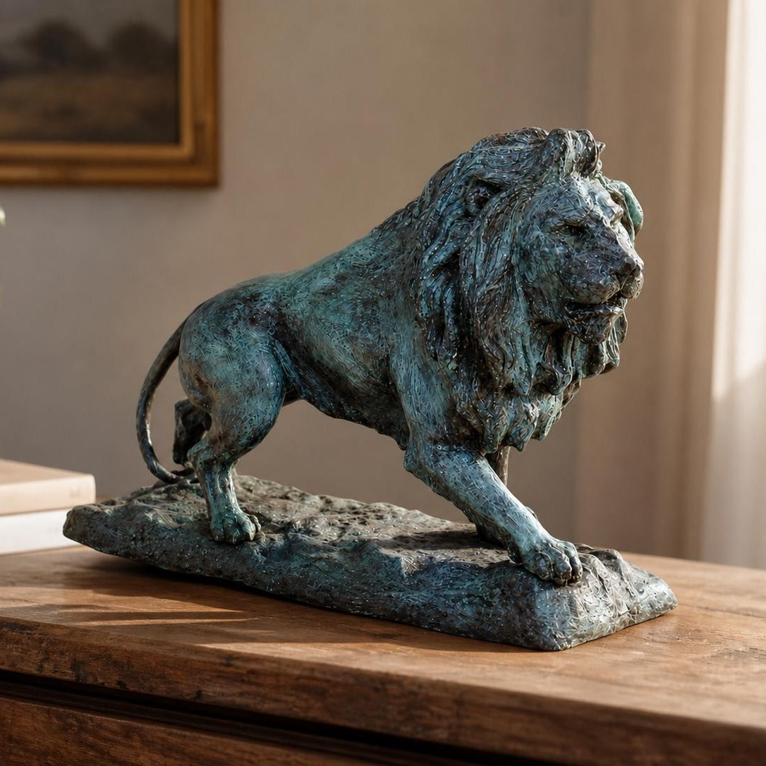 Large Bronze Lion Sculpture. Green Patina. Hand Cast. Bronze Lion Decor