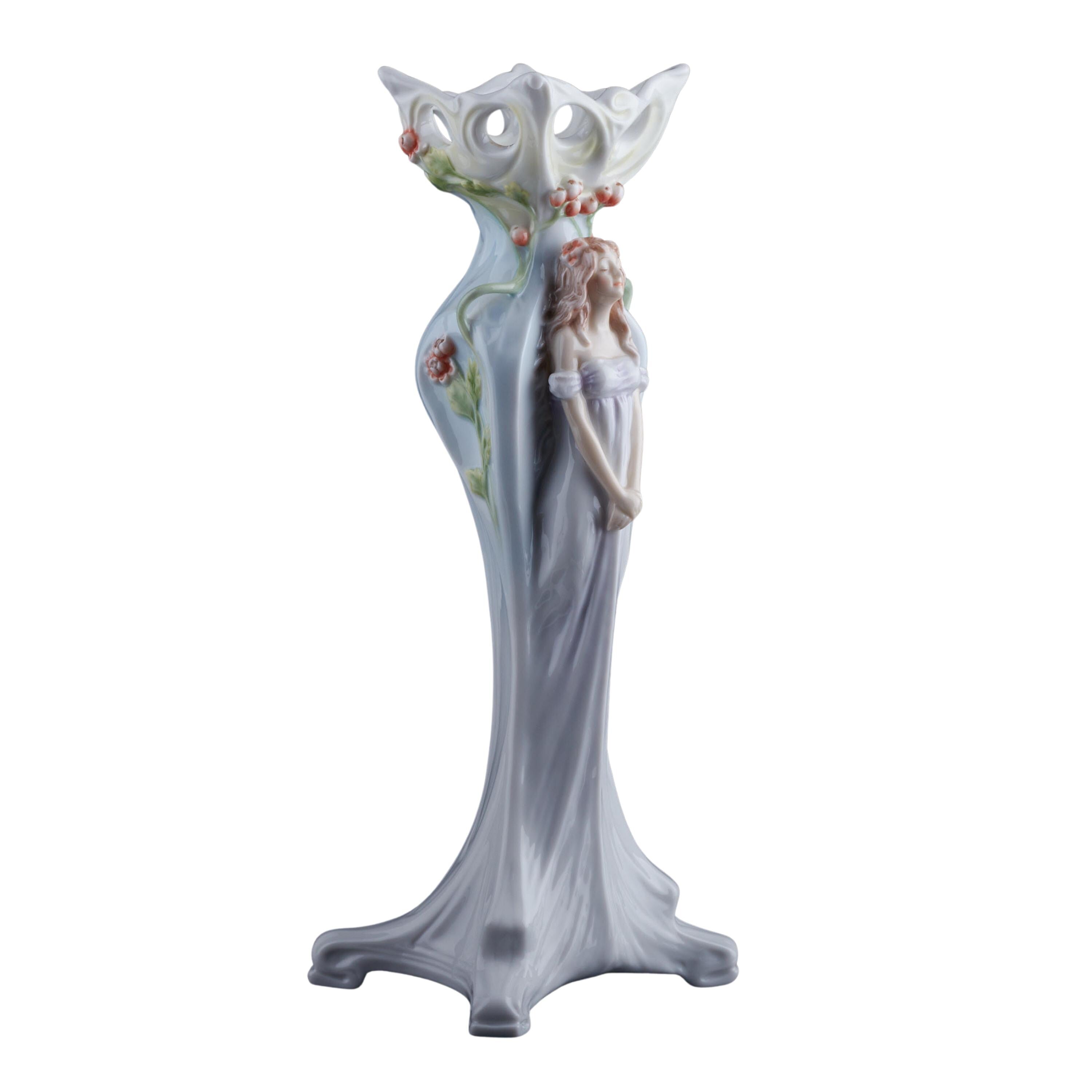 Art Nouveau Maiden Porcelain Vase, Hand-Painted Floral Figurine Bud Vase