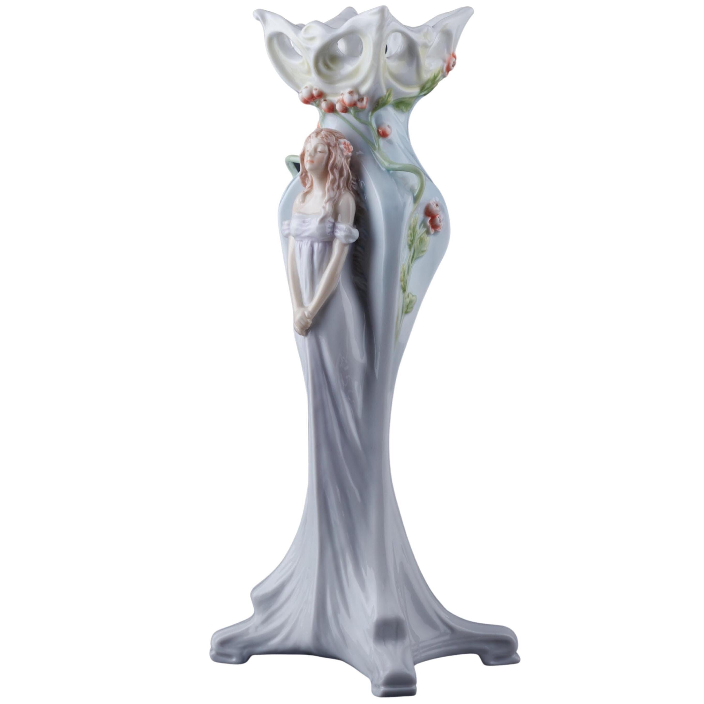 Art Nouveau Maiden Porcelain Vase, Hand-Painted Floral Figurine Bud Vase