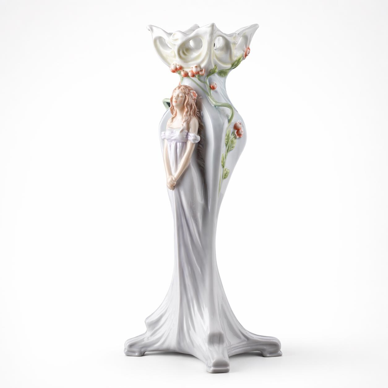Art Nouveau Maiden Porcelain Vase, Hand-Painted Floral Figurine Bud Vase