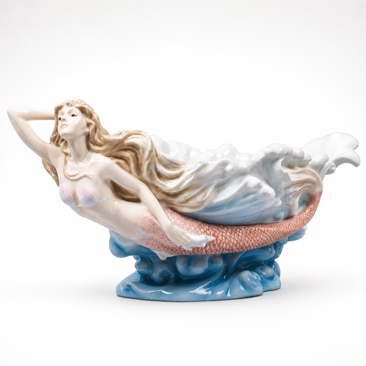 Fine Porcelain Mermaid Seashell Bowl, Hand-Painted Ocean Mythology Sculpture