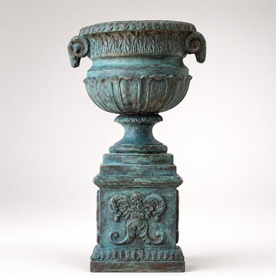 16 Inch Ancient Greek Style Bronze Garden Urn Vase with Goat Motif
