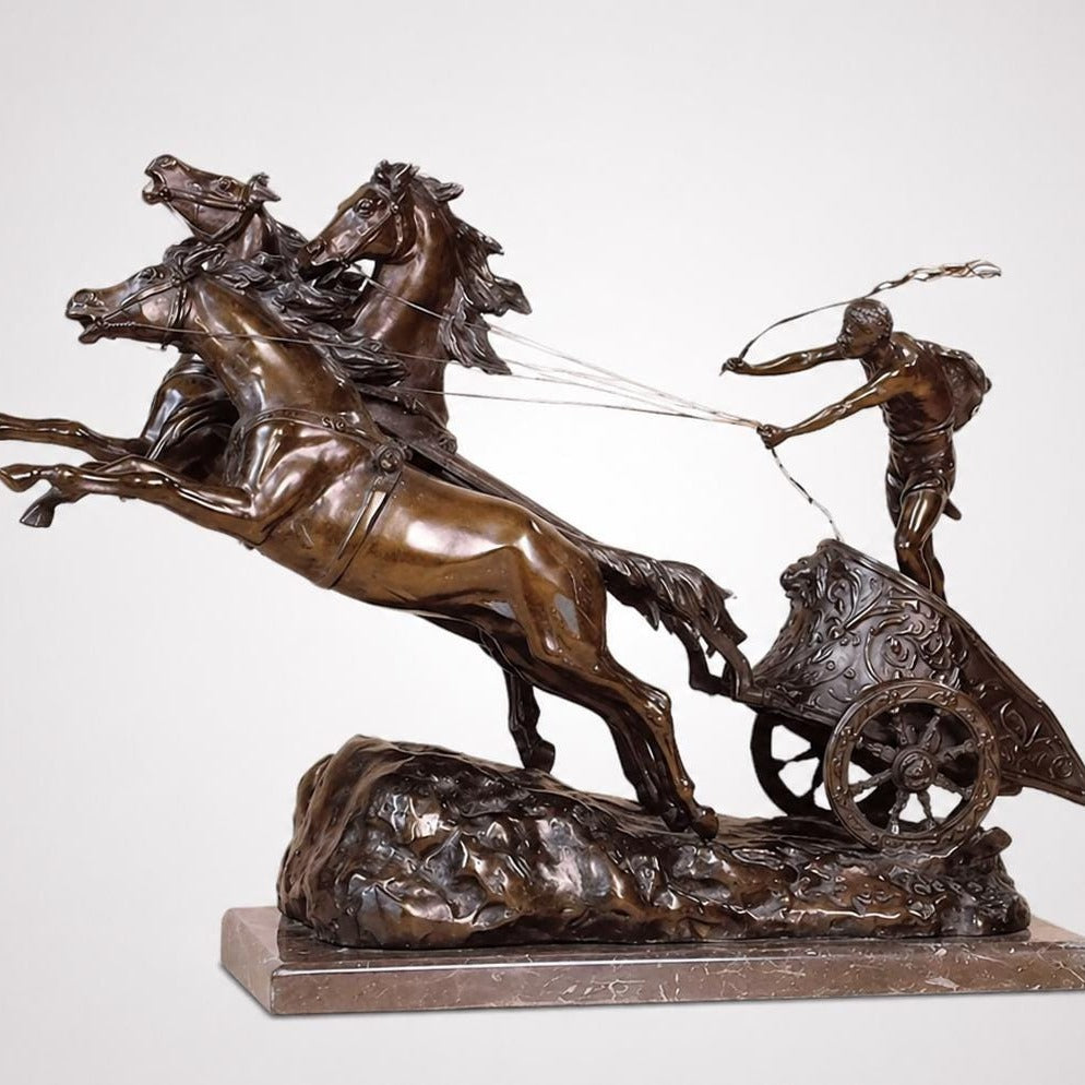 Bronze Roman Horses Chariot Gladiator Sculpture (25.59 Inches)