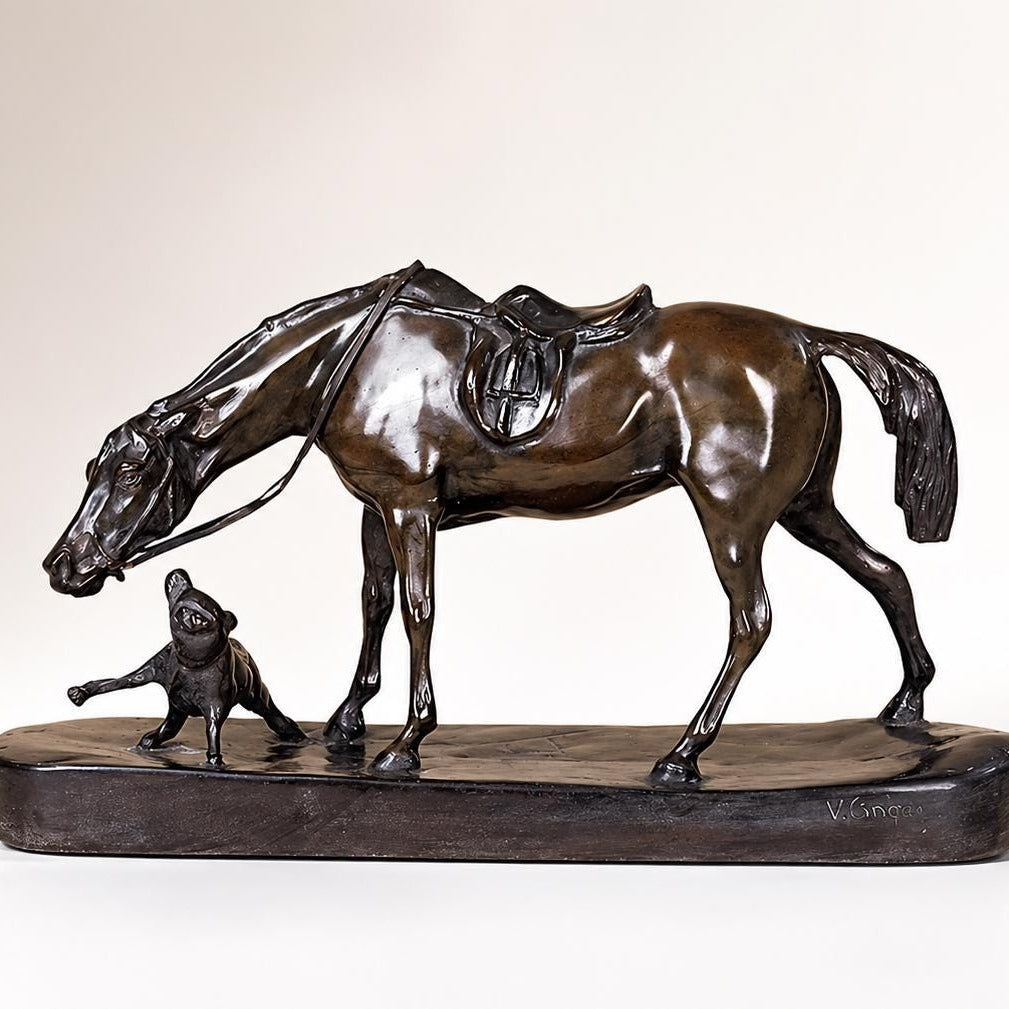 Bronze Horse and Dog Sculpture: Elegant Home Decor Art